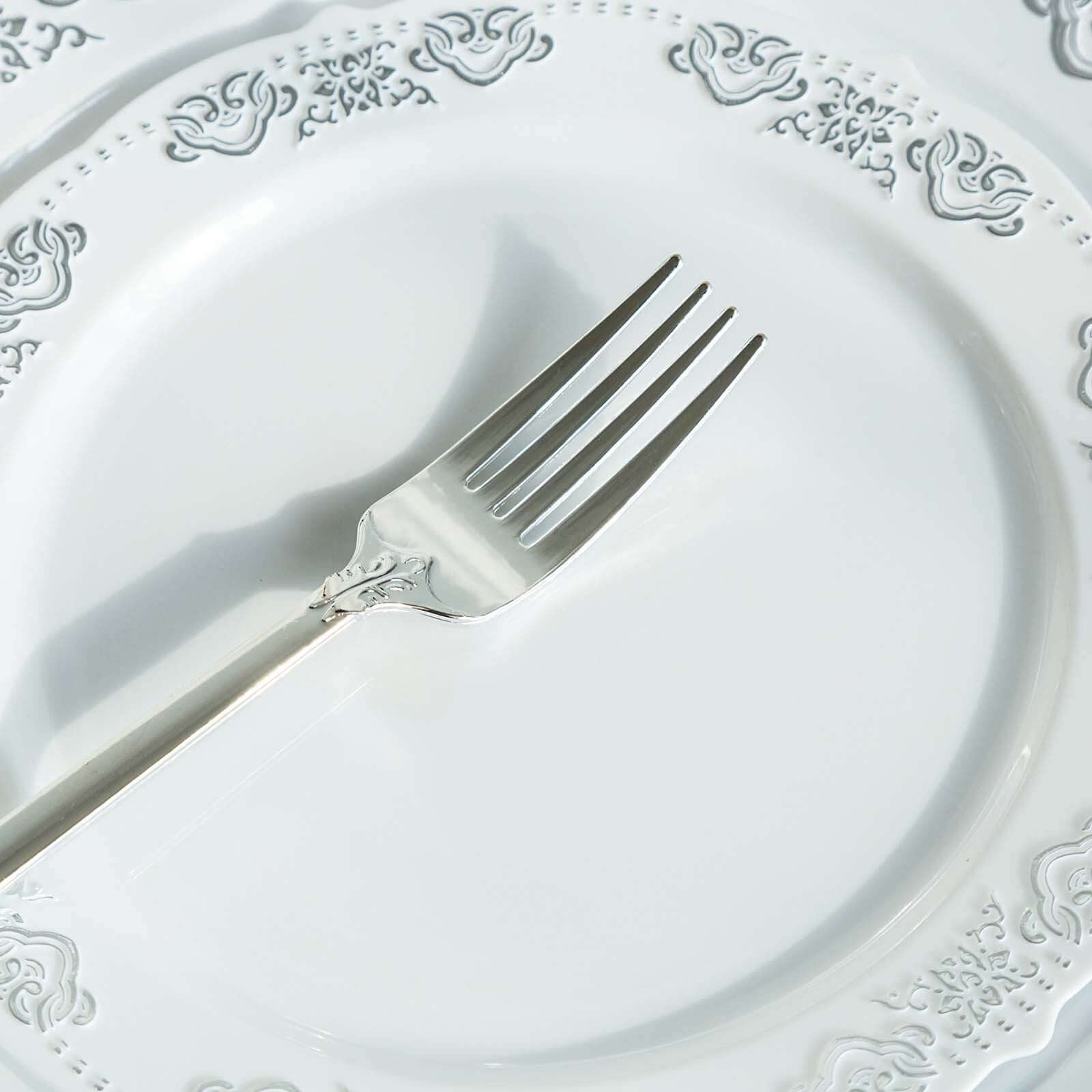 24-Pack Plastic Forks Baroque Style Metallic Silver - Heavy Duty Disposable Silverware 8"