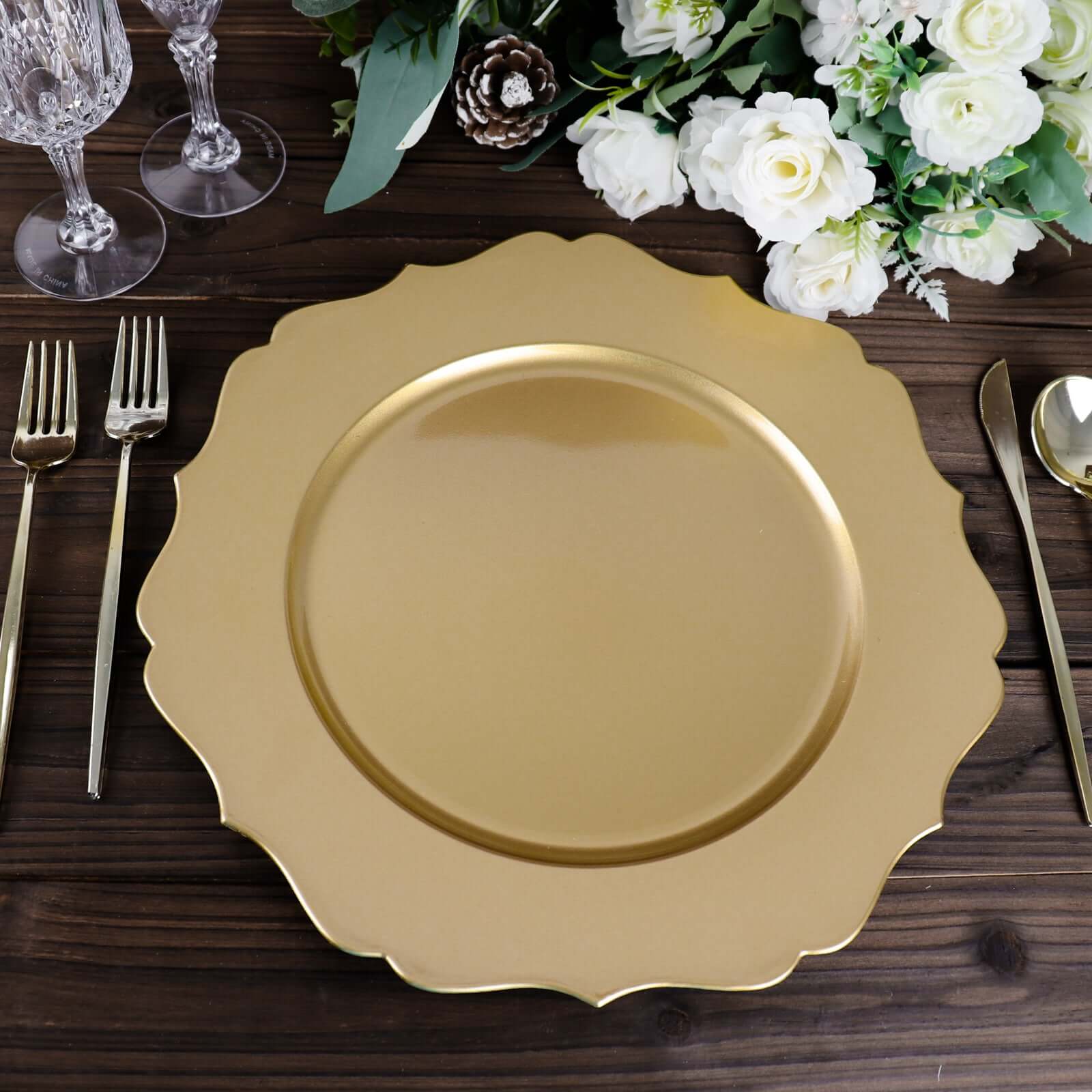 6 Pack 13" Metallic Gold Acrylic Charger Plates Scalloped Rim, Gold Plastic Charger Plates