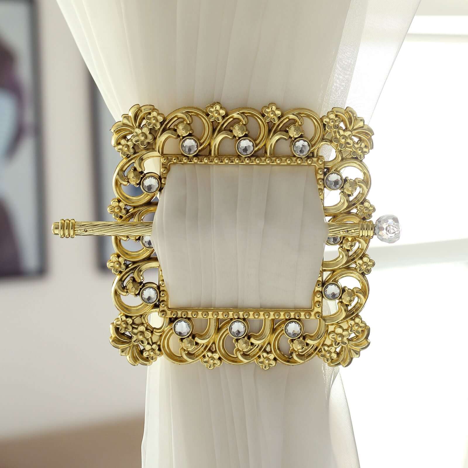 Set of 2 7" Gold Barrette Style Diamond Backdrop Drapery Holdbacks, Square Acrylic Crystal Curtain Brooch Tie Backs