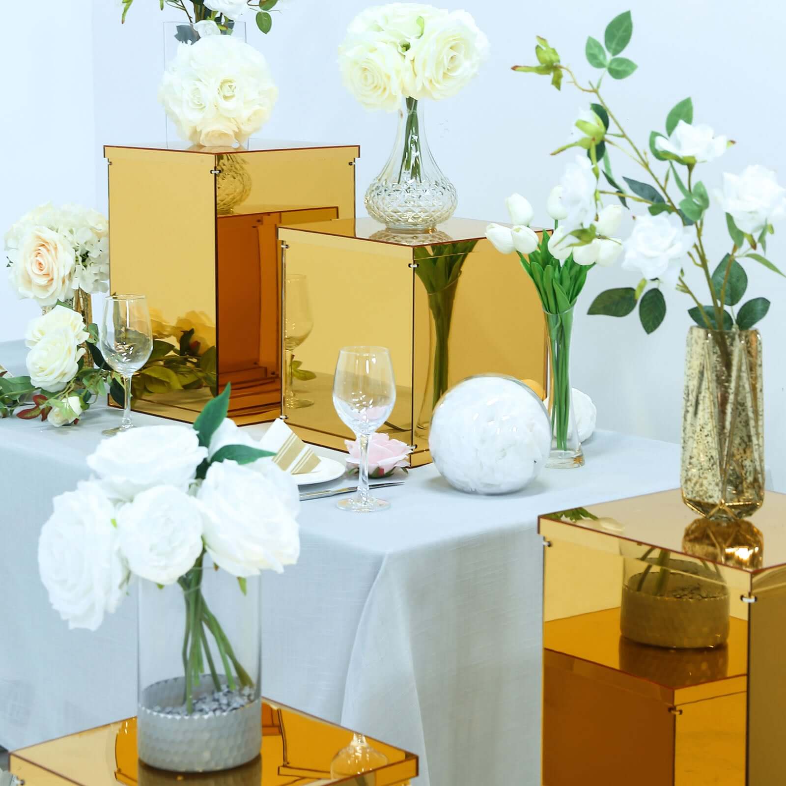 Set of 5 Gold Mirror Finish Acrylic Display Boxes, Pedestal Risers with Interchangeable Lid and Base - 12",16",24",32",40"