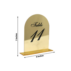 Gold Mirror Arch Acrylic Table Numbers (11-20) - 6"x7" Wedding Reception Signs with Black Print & Stands