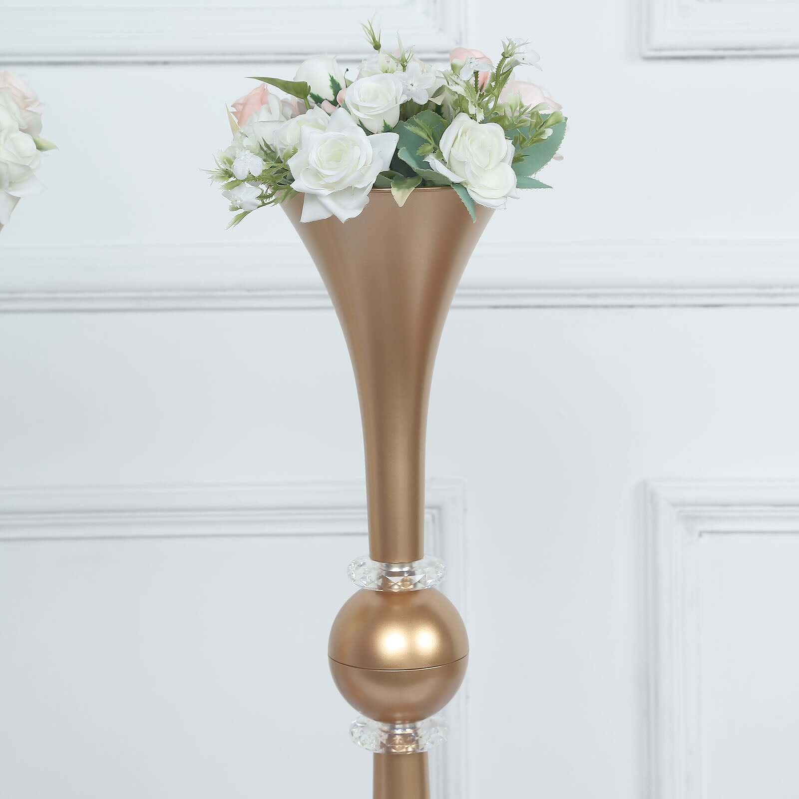 2-Pack Flower Vases Trumpet Design with Crystal Embellishments Gold - Reversible Plastic Table Centerpieces 21"