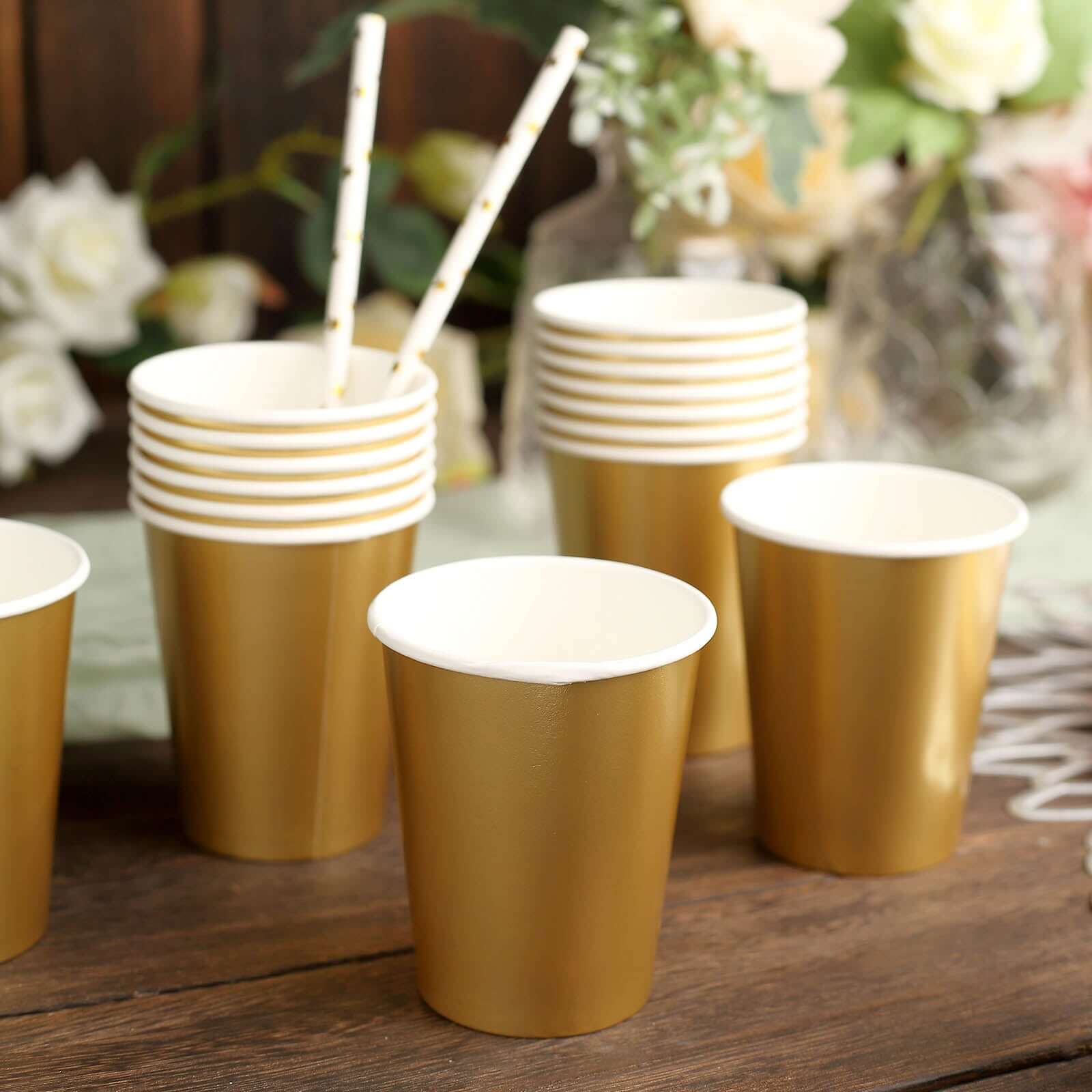 24-Pack Paper Cups in Metallic Gold - Stylish Disposable Party Cups for Hot & Cold Beverages 9oz