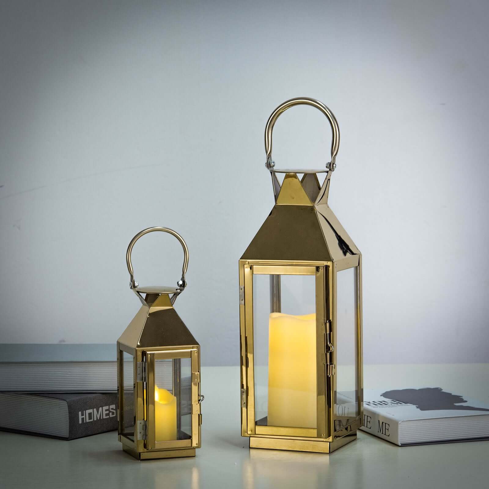 Stainless Steel Candle Lantern Crown Top Design Gold - Outdoor Metal Patio Lantern Centerpiece 14"