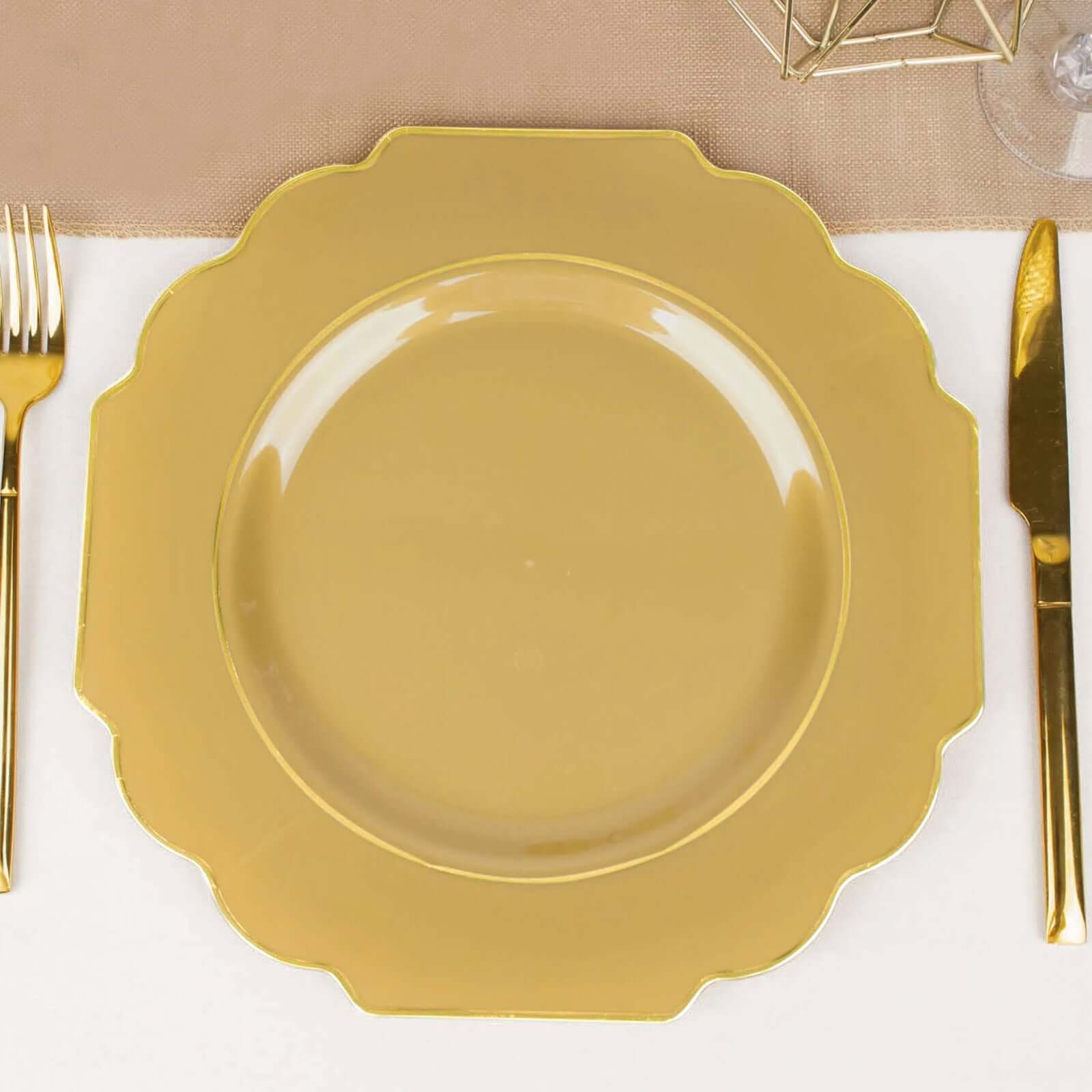 10-Pack Plastic Dinner Plates in Gold Baroque Design with Scalloped Gold Rim - Heavy Duty Disposable Party Plates for Events & Banquets 11"
