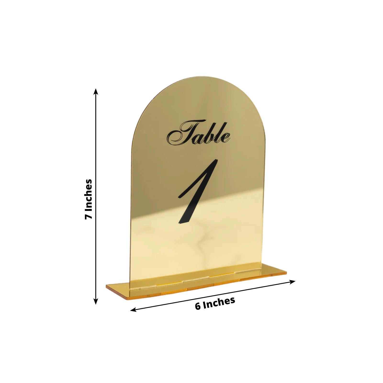 Gold Mirror Arch Acrylic Table Numbers (1-10) - 6"x7" Wedding Reception Signs with Black Print & Stands
