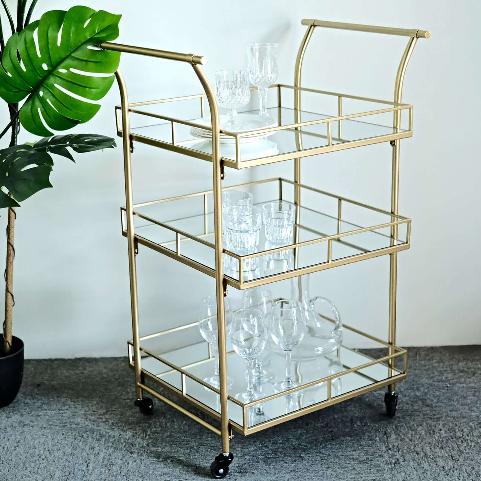 Gold Metal Bar Cart with Mirror Serving Trays 3-Tier - Teacart Island Trolley for Parties 3ft