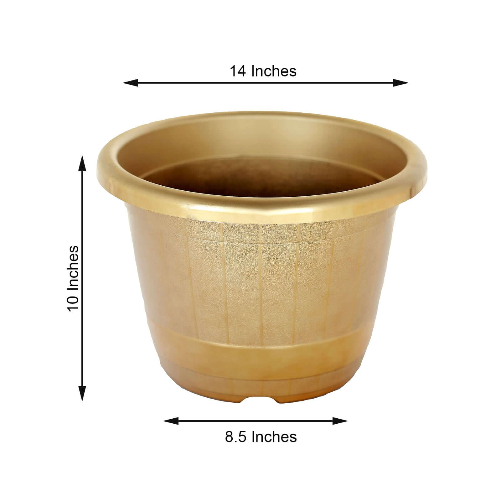 14" Gold Shiny Finished Rim Large Barrel Planter Pot, Indoor Outdoor Decorative Flower Pot