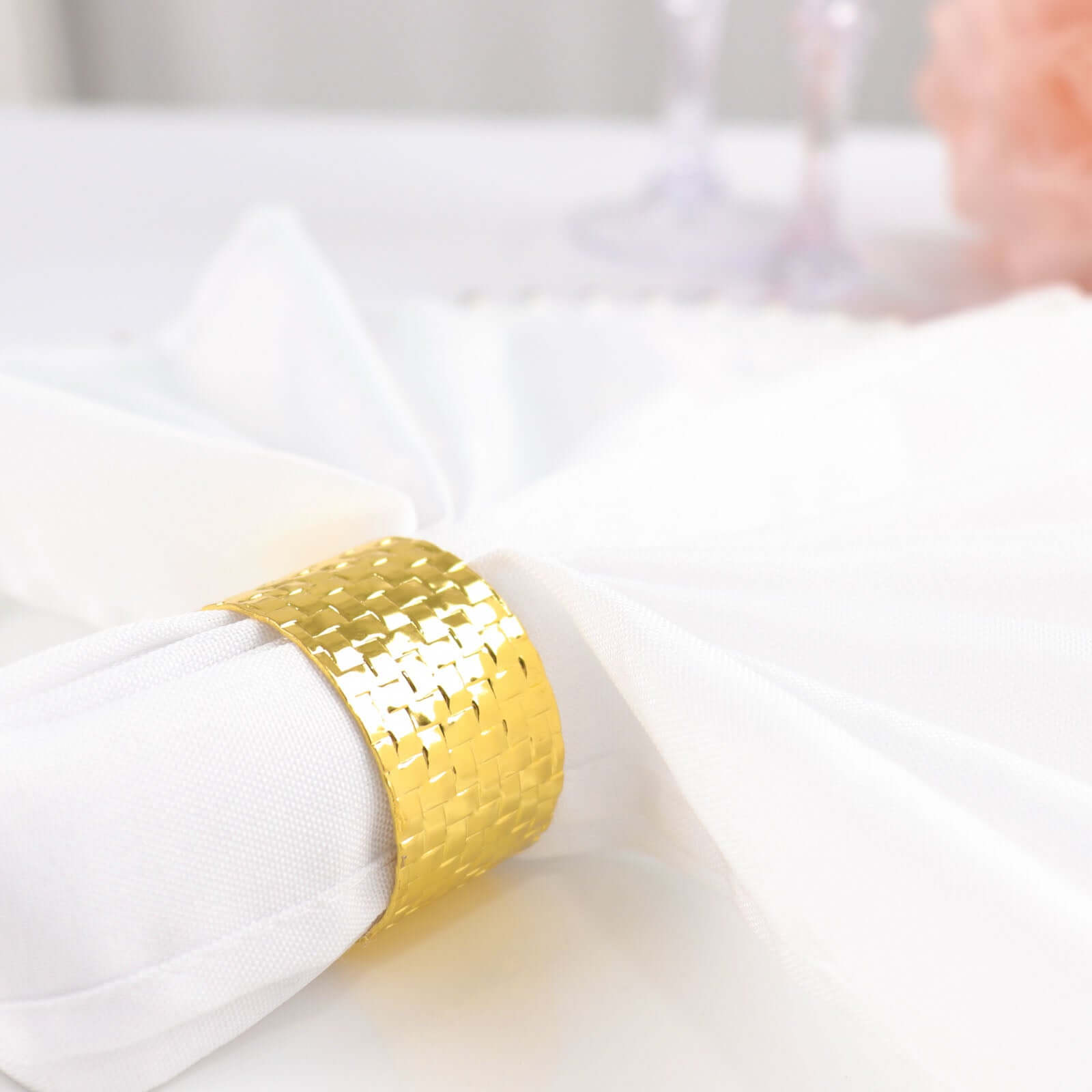 4 Pack Shiny Gold Basket Weave Napkin Rings, Metallic Napkin Holders