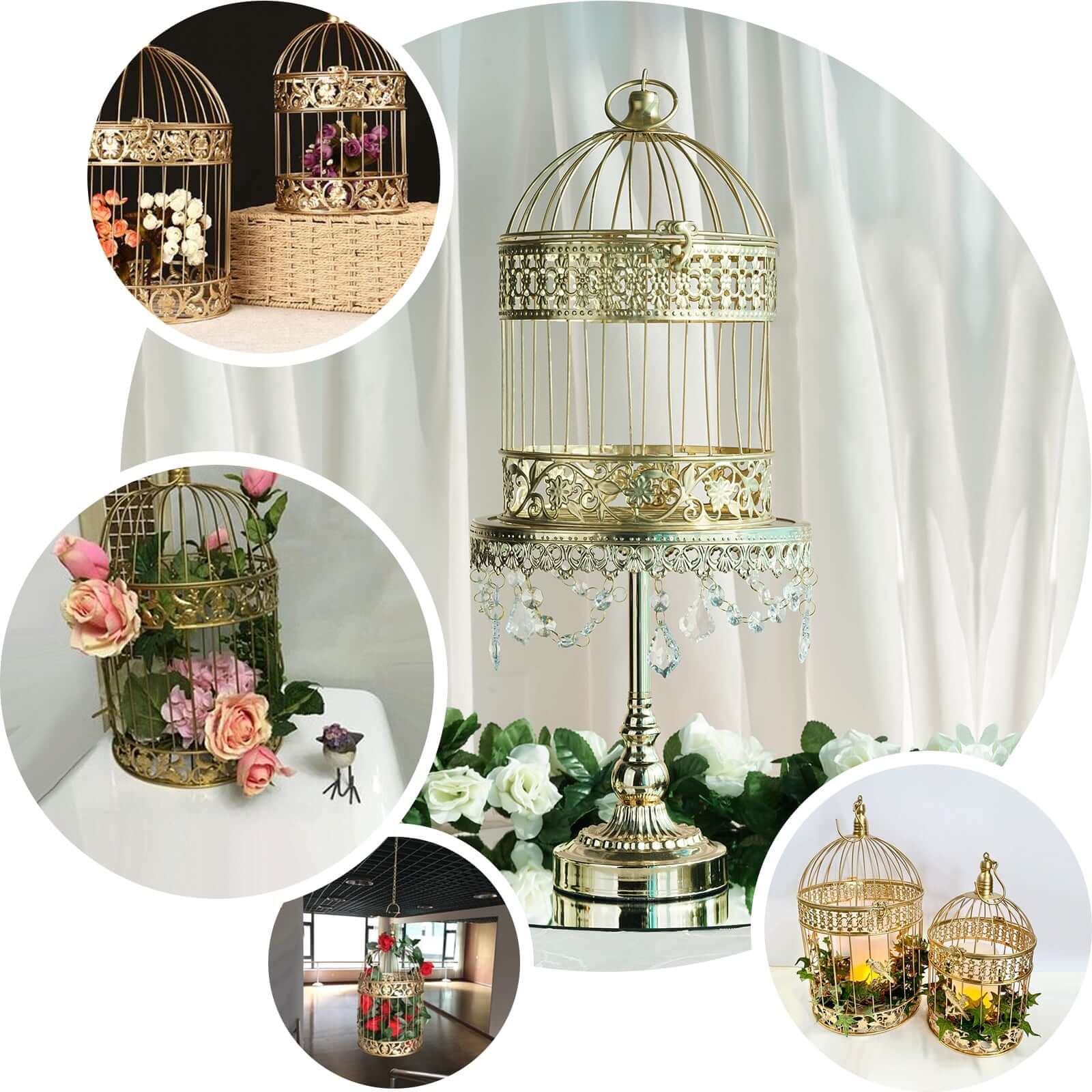 Set of 2 Card Holders Wrought Iron Bird Cage Design Metallic Gold - Decorative Display Stand 9"/13"