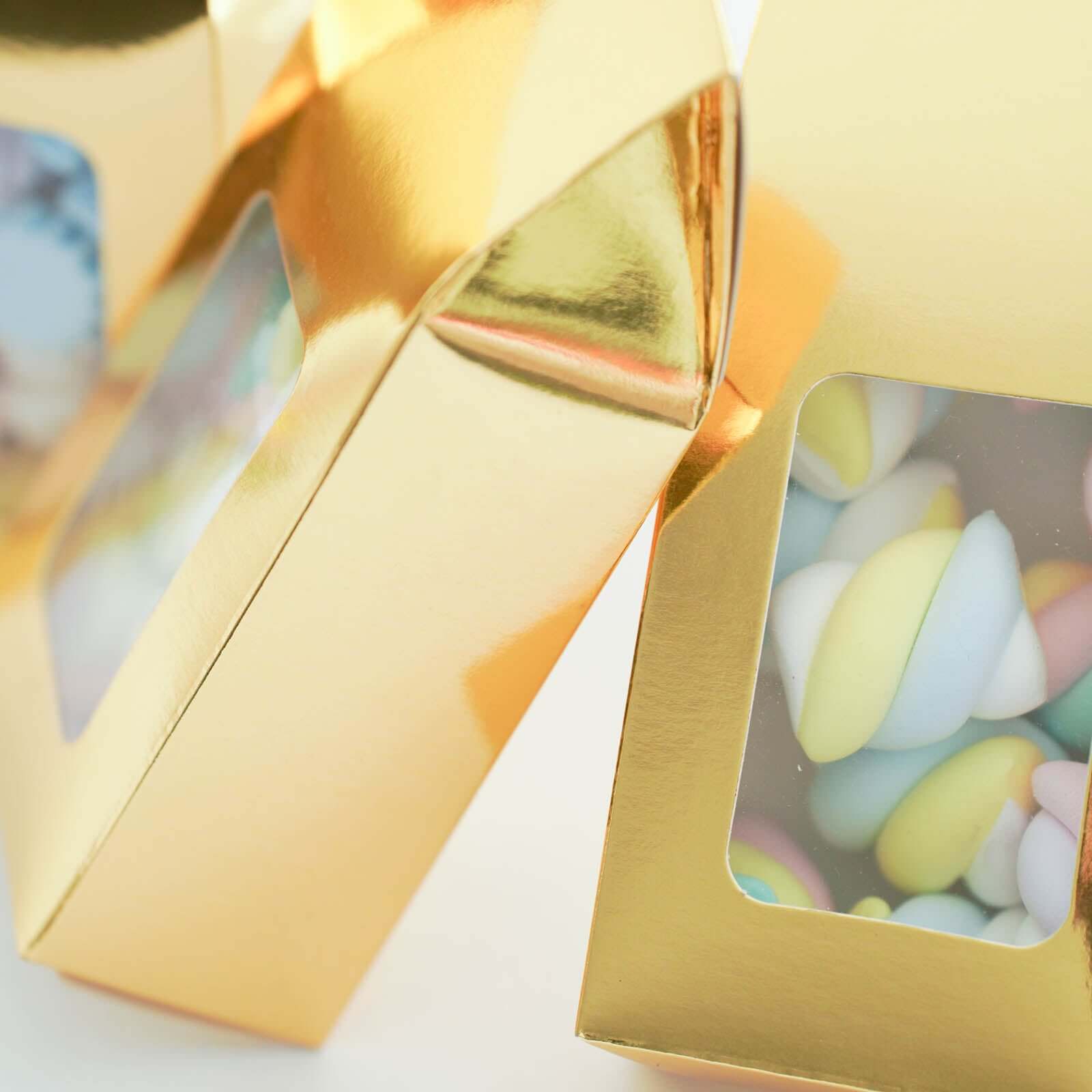 25 Pack Gold Tote With Window Party Favor Candy Gift Boxes 2.75" X 1.5" X 6"