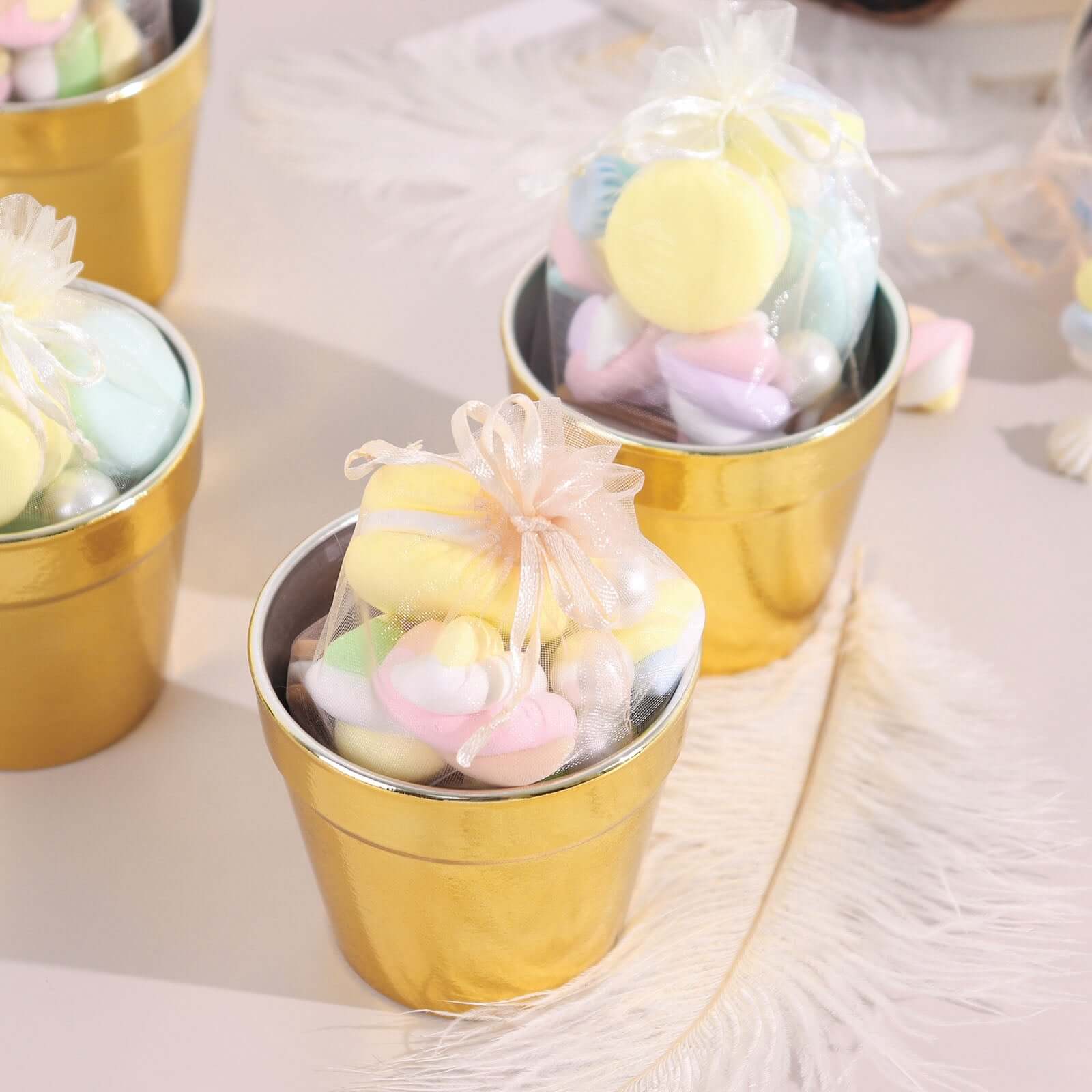6 Pack 3" Gold Plastic Party Favor Bucket-Containers, Mini Succulent Nursery Planters, Flower Pot Crafts