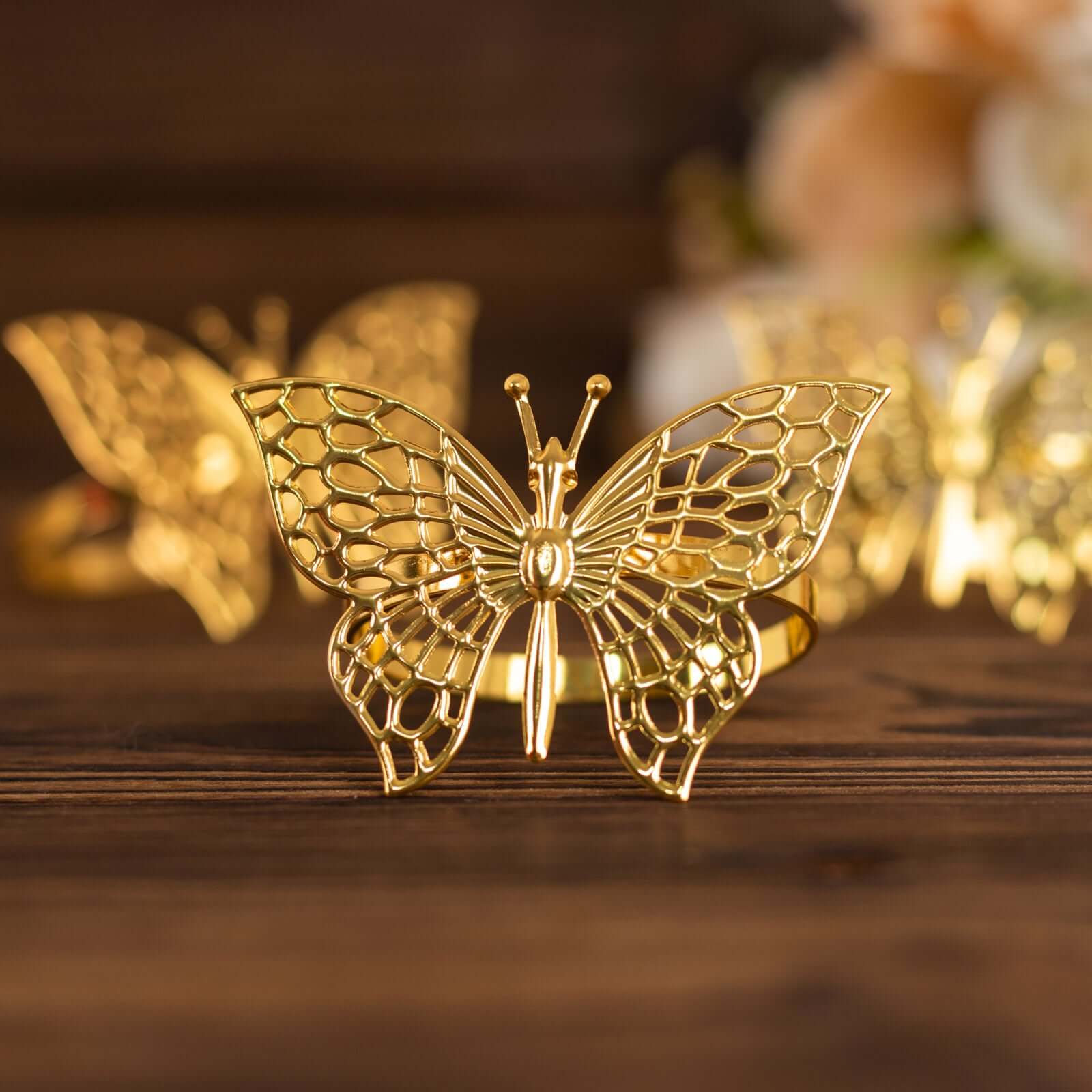 4 Pack Gold Metal Butterfly Napkin Rings, Decorative Laser Cut Cloth Napkin Holders