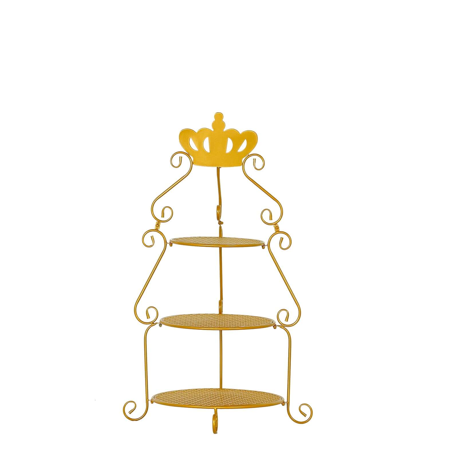 3 Tier Metal Round Cake Stand 32" Gold with Crown Top - Easy To Assemble Cupcake Holder Dessert Display Stand for Sophisticated Tea Parties Buffet Tables & Special Occasions