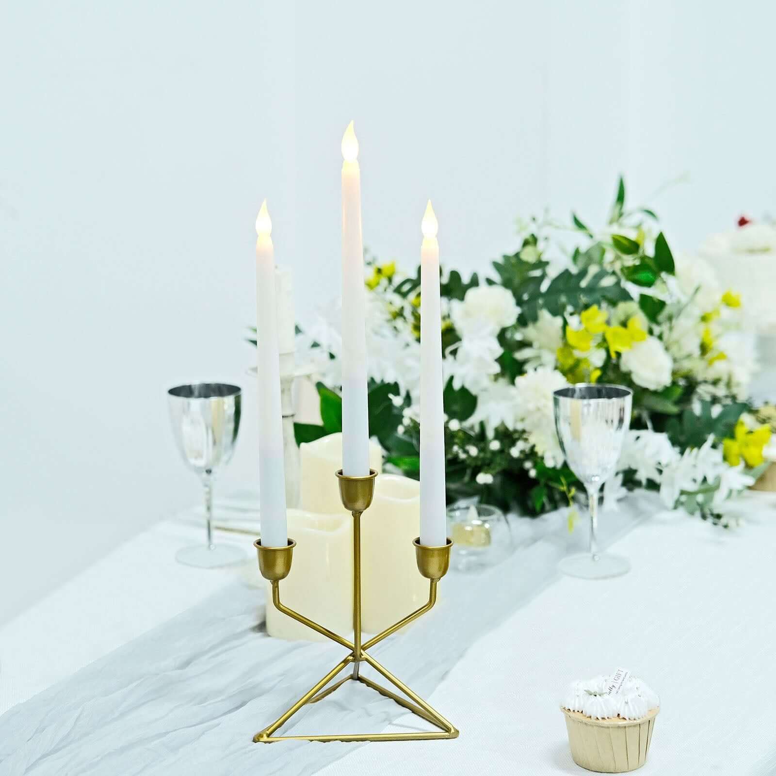 2-Pack Triangle Base Geometric Taper Candelabra 3 Arm Candle Holder Design Gold Metal - Decorative Centerpiece 7"