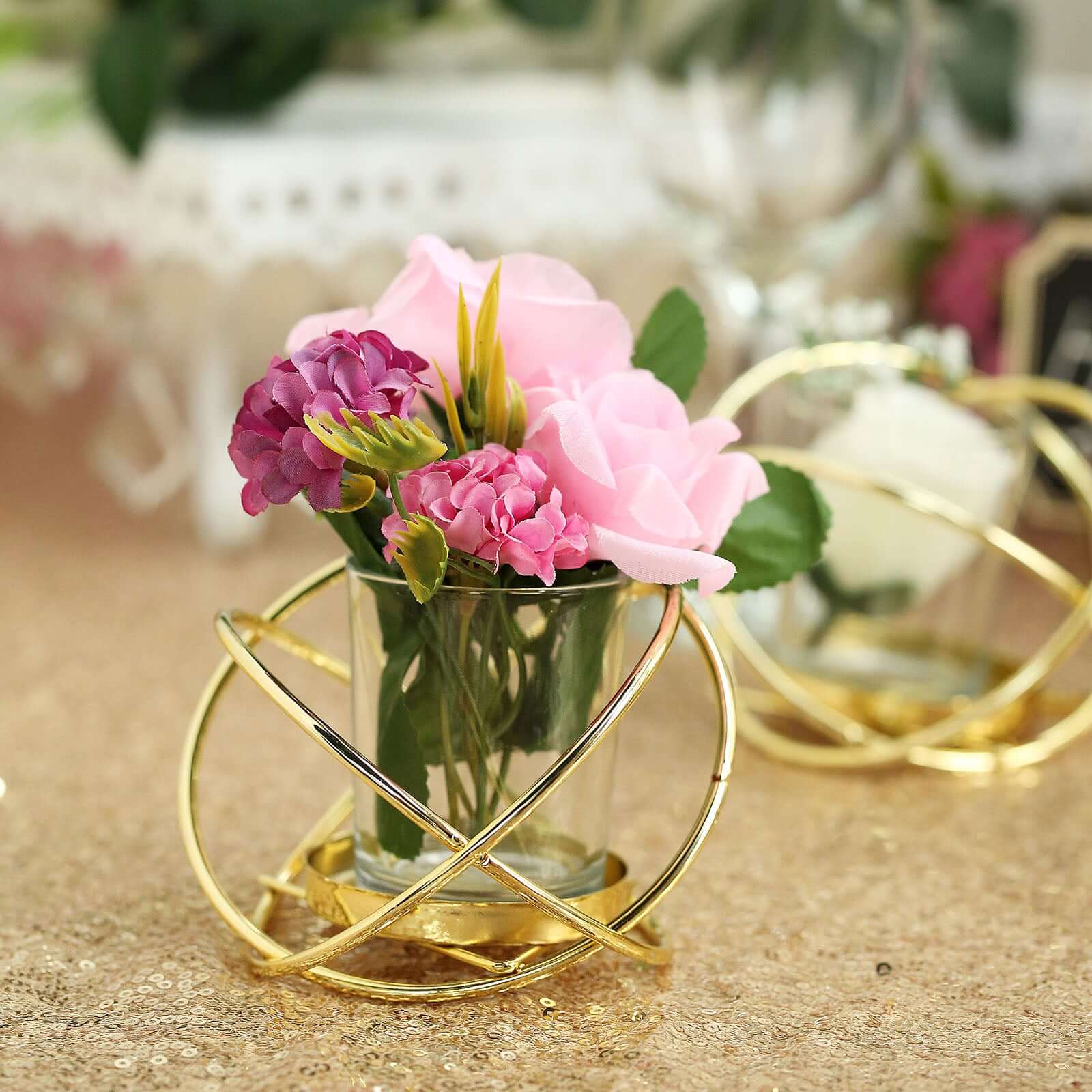 3-Pack Geometric Candle Holders Gold Metal Design with Bud Vase Votive Glass - Chic Wedding & Event Decor 3"