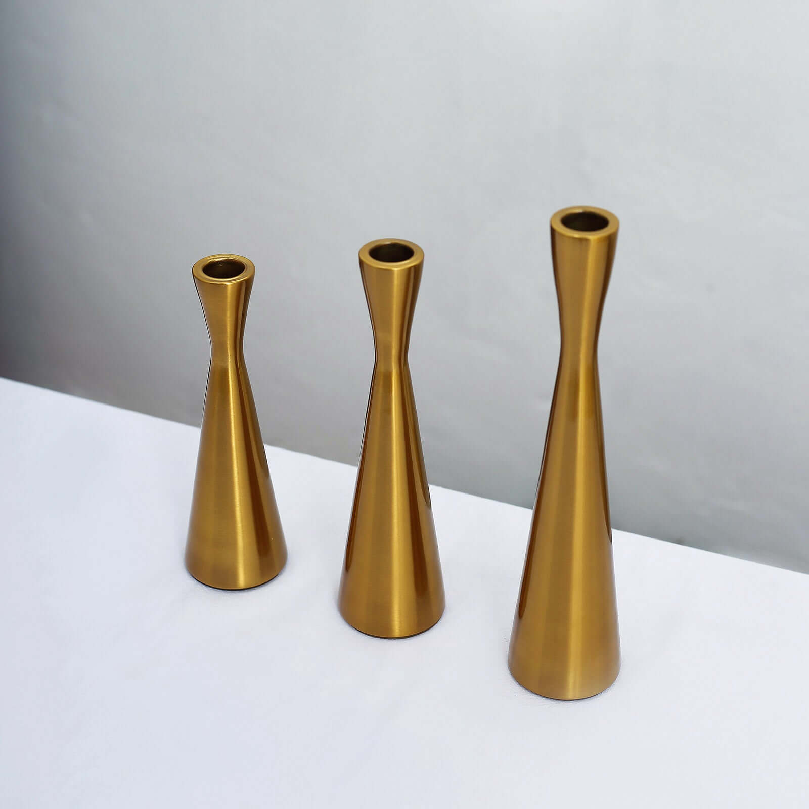 Set of 3 Hourglass Taper Candle Holders Gold Metal Nordic European Design - Tabletop Decor 8", 9", 11"