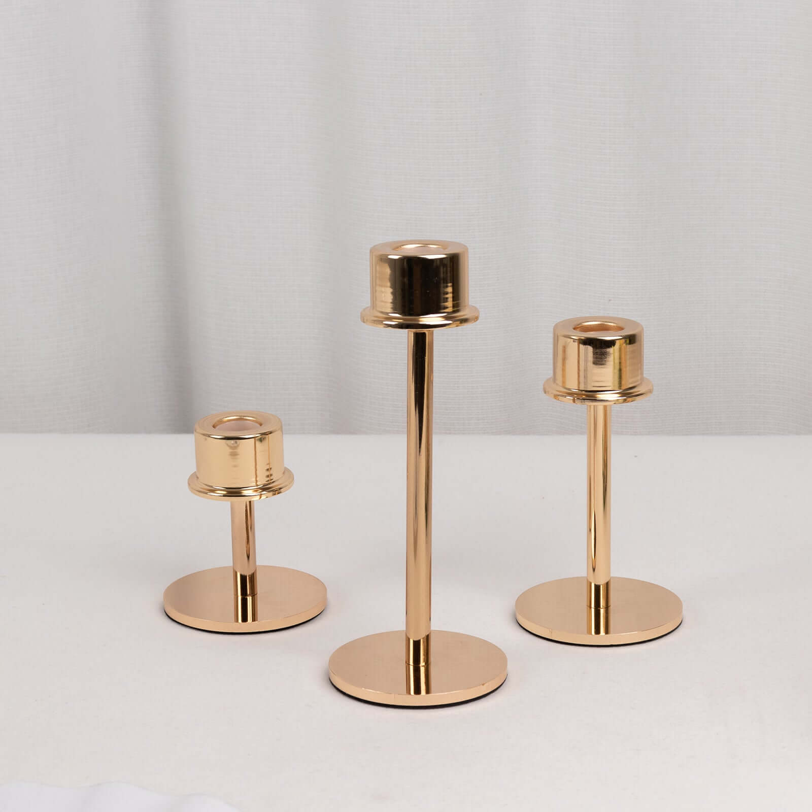 Set of 3 Metal Taper Candlestick Holders Gold with Round Base - Hurricane Candle Stands 3.5", 5.5", 8"