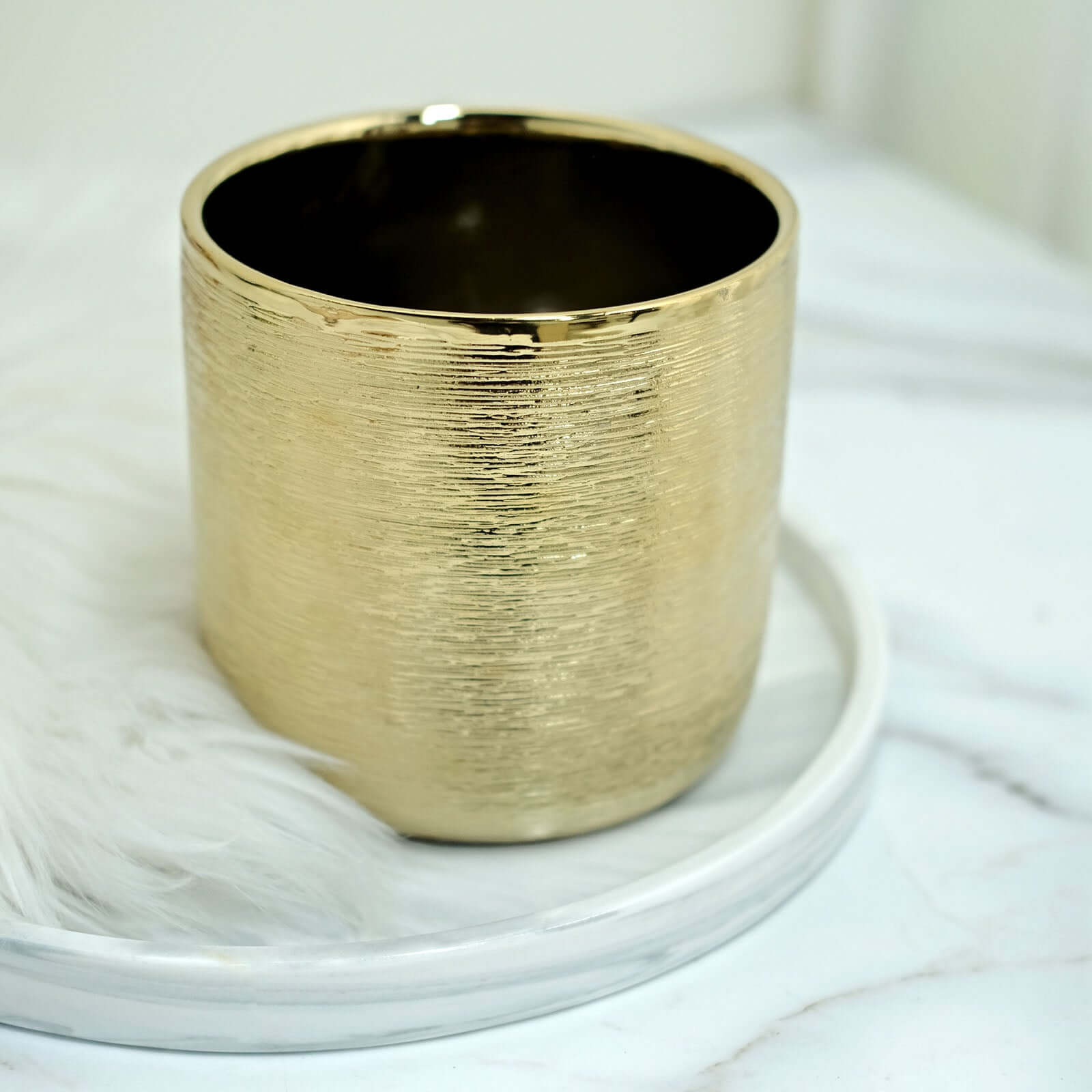 2-Pack Flower Plant Pots Textured Round Design Metallic Gold - Ceramic Cylindrical Indoor Planters 5"