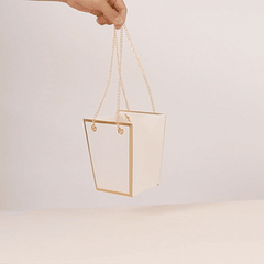 6 Pack White Gold Edge Paper Flower Gift Bags With Metal Chain Handles, Trapezoid Party Favor Tote Bags - 5"x6"