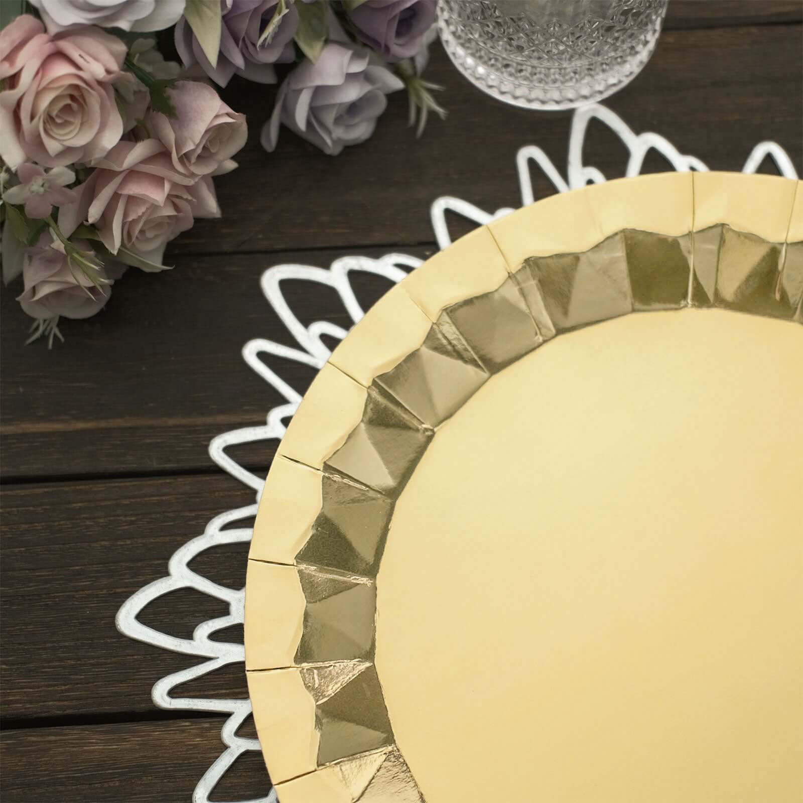 25-Pack Paper 12" Round Charger Plates in Metallic Gold with Geometric Prism Design - Disposable 400GSM Serving Trays for Stylish Banquets & Celebrations