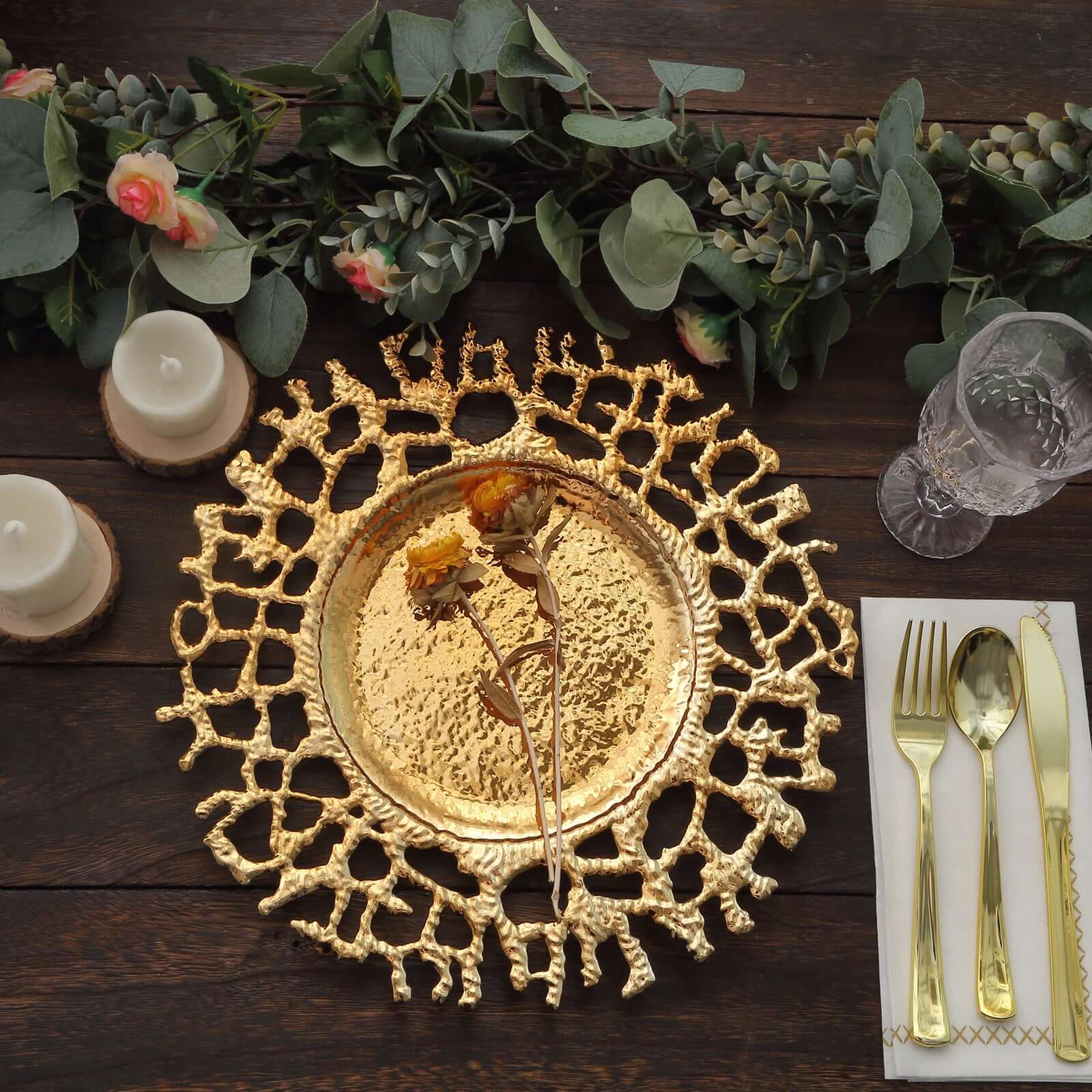6-Pack Acrylic Round Charger Plates 13" in Gold with Molten Branch Design, Plastic Hollow Lace Decorative Dinner Party Charger Tableware
