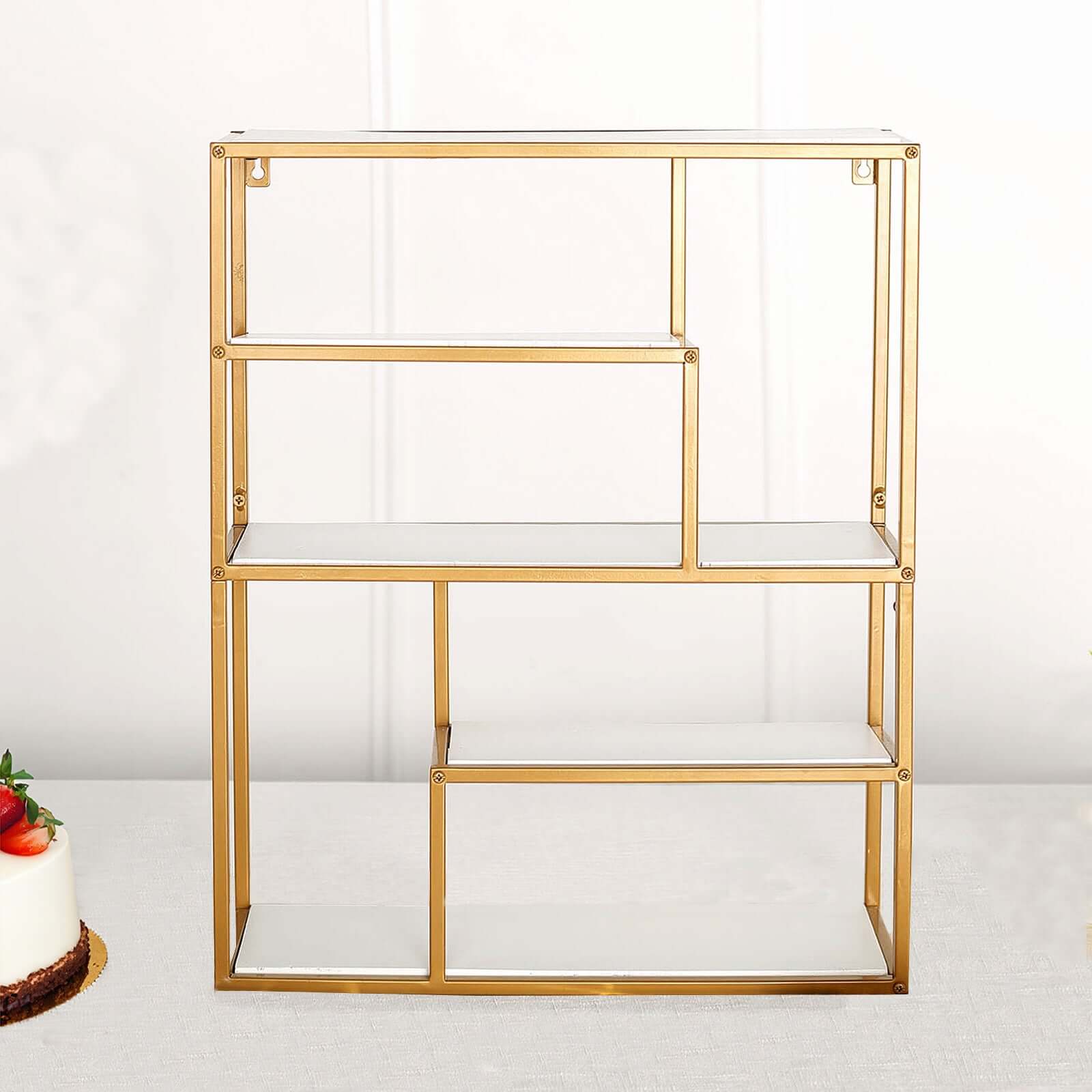 4-Tier Dessert Cupcake Stand Metal Gold with White Wood Panels - Wall Shelf & Book Display Rack 22"