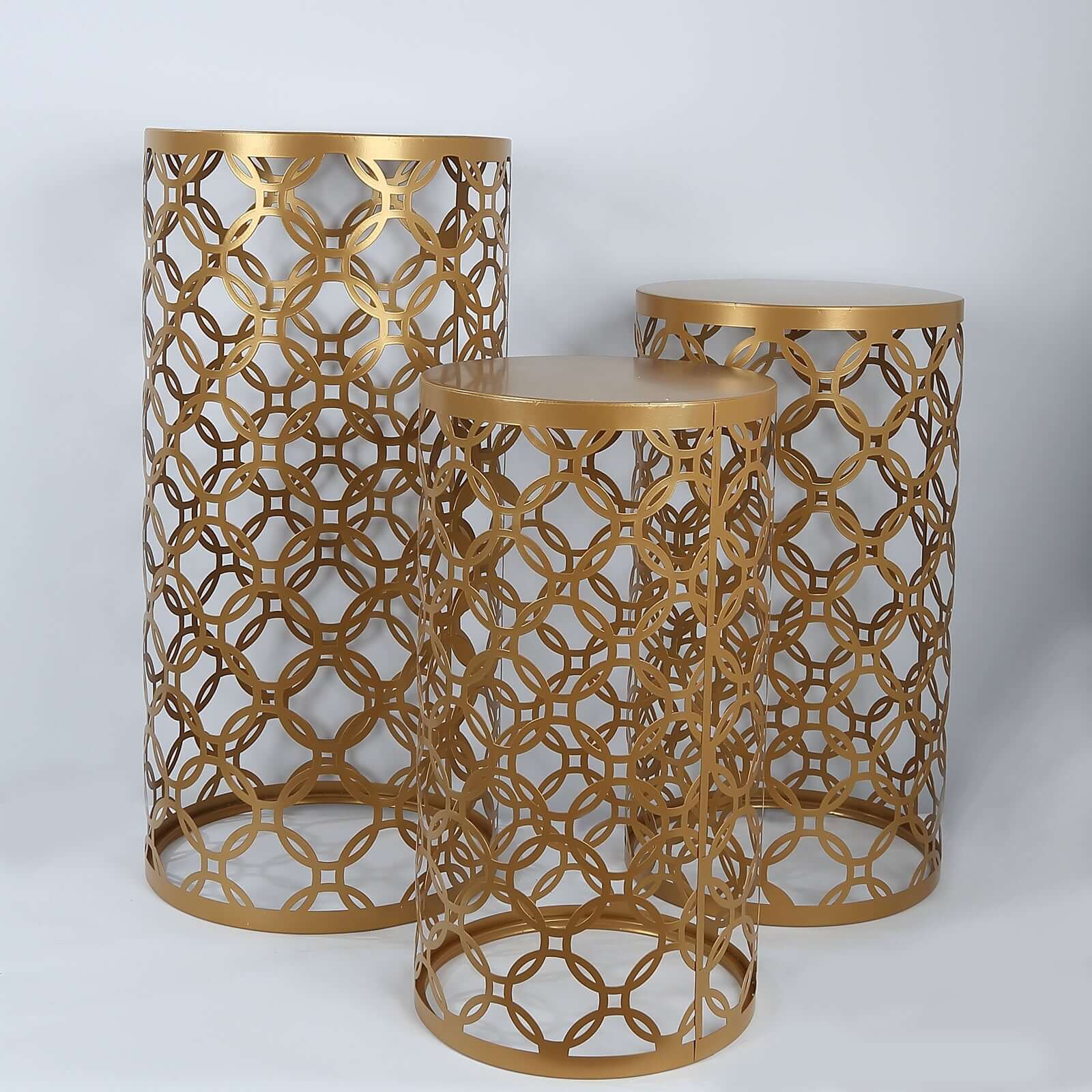 Set of 3 Gold Metal Cylinder Pillar Cake Display Stands, Round Mesh Plinth Pedestal Stand in Hollow Overlapping Circles Pattern - 22",24",30"