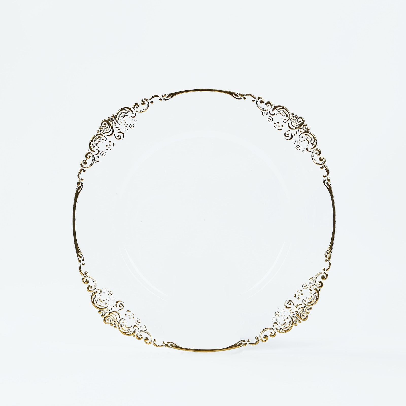 20-Pack Economy Plastic Round Charger Plates 13" in Clear with Gold Embossed Baroque Rim, Stylish Dinner Party Serving Plates