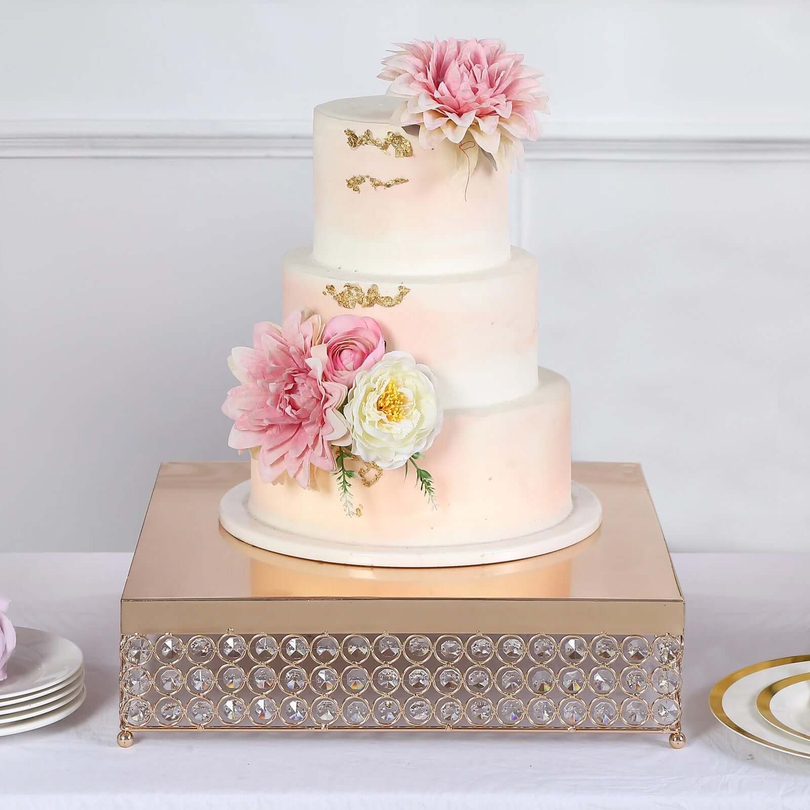 Metal Cake Stand Square Design with Crystal Beads Gold - Dessert Pedestal for Events 16"