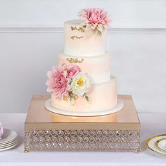 Metal Cake Stand Square Design with Crystal Beads Gold - Dessert Pedestal for Events 16"