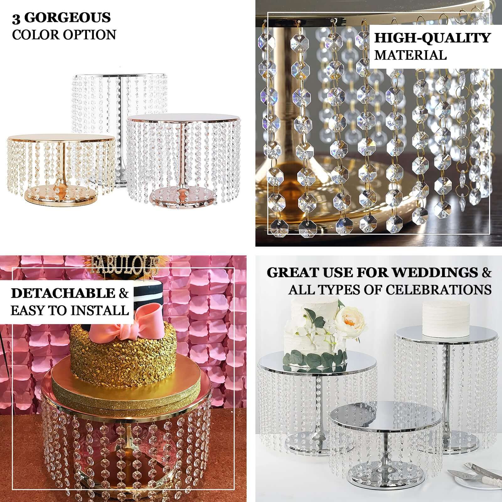 Metal Cake Stand Round Design Metallic Gold with Crystal Chains 14" Dia - Cupcake Dessert Pedestal 8" Tall