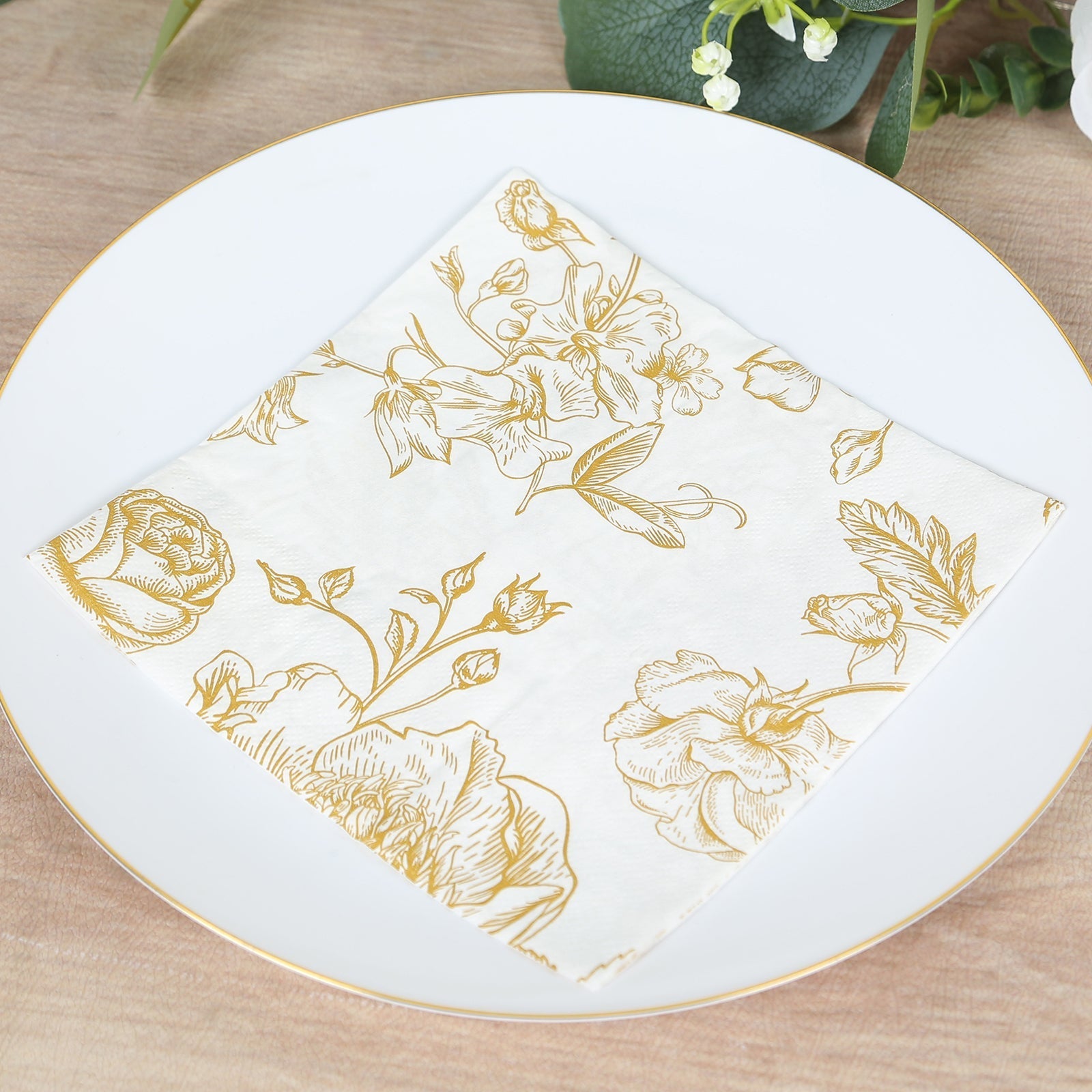 50-Pack Paper Cocktail Napkins with French Toile Floral Pattern White/Gold - Soft 2 Ply Beverage Napkins for Events