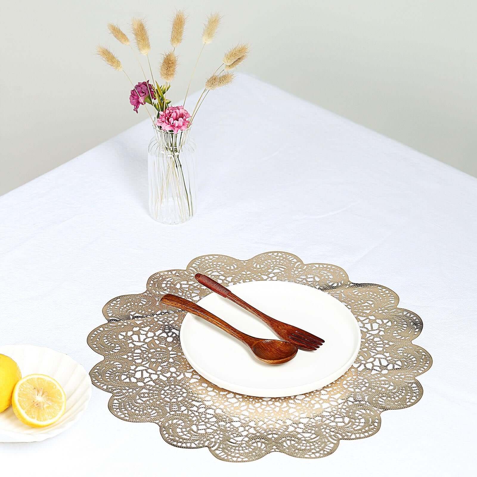 6-Pack Dining Table Mats Floral Lace Design Gold - Vinyl Non-Slip Surface with Vintage Appeal 15"