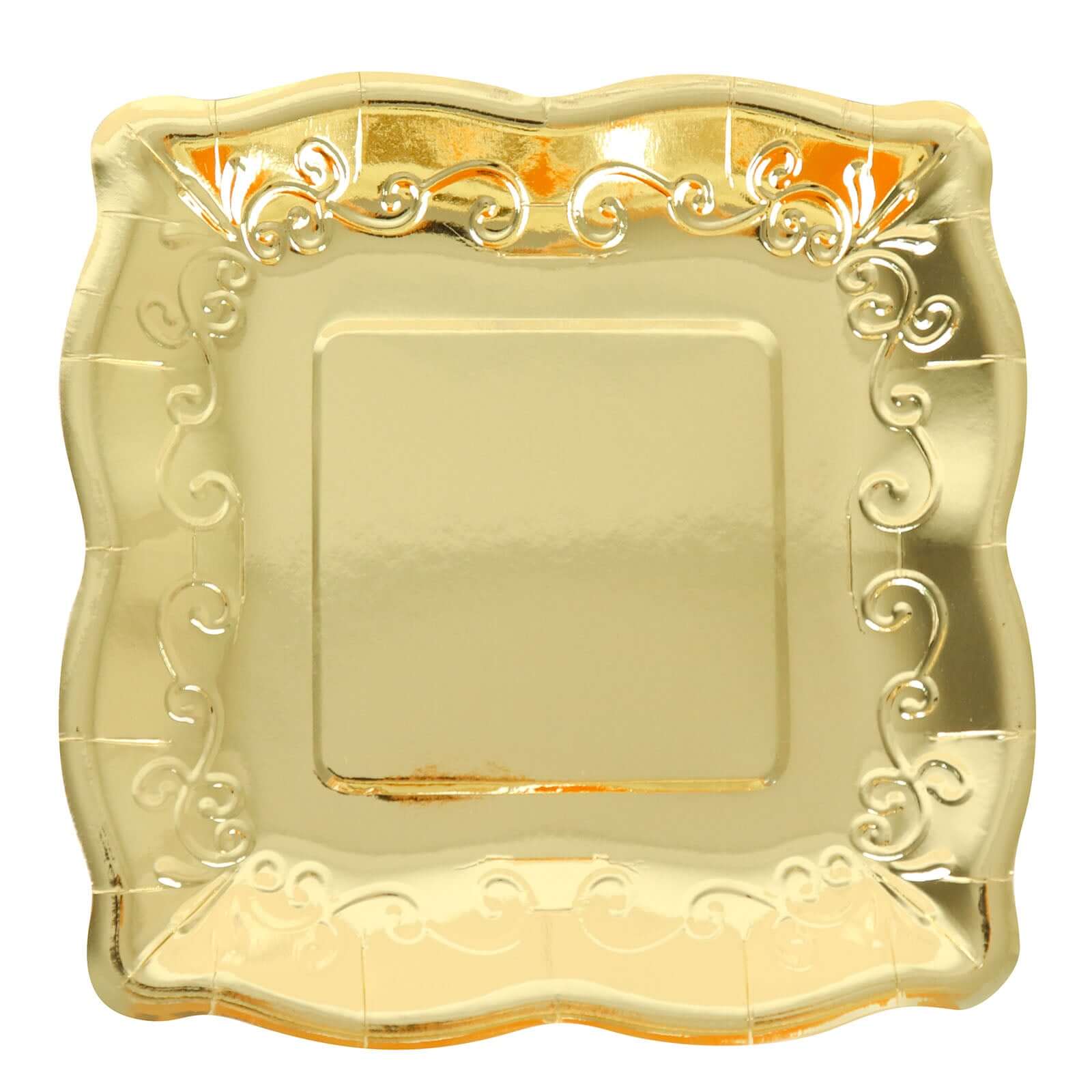 25-Pack Paper 11" Square Dinner Plates in Gold with Vintage Pottery Embossed Design - Shiny Metallic Disposable Serving Plates for Glamorous Dinners & Events
