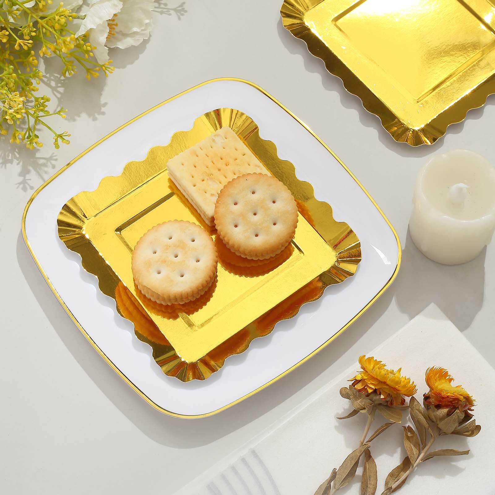50-Pack Paper 5" Square Dessert Plates in Gold Foil with Scalloped Rim - Disposable Appetizer Plates for for Glam Gatherings & Special Occasions