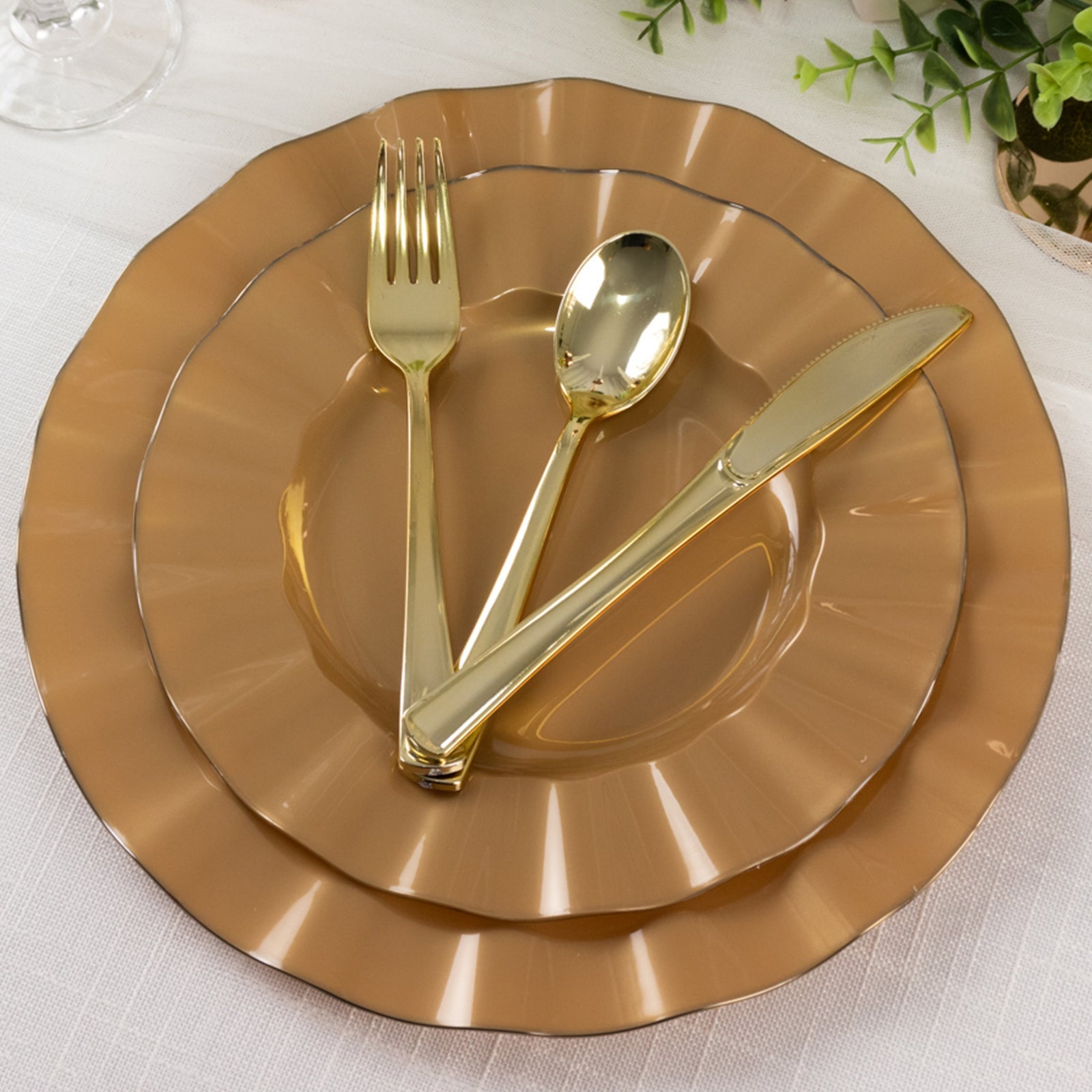 10-Pack Plastic 9" Round Dinner Plates in Gold with Ruffled Rim - Sturdy Disposable Dinnerware for Classy Events & Banquets