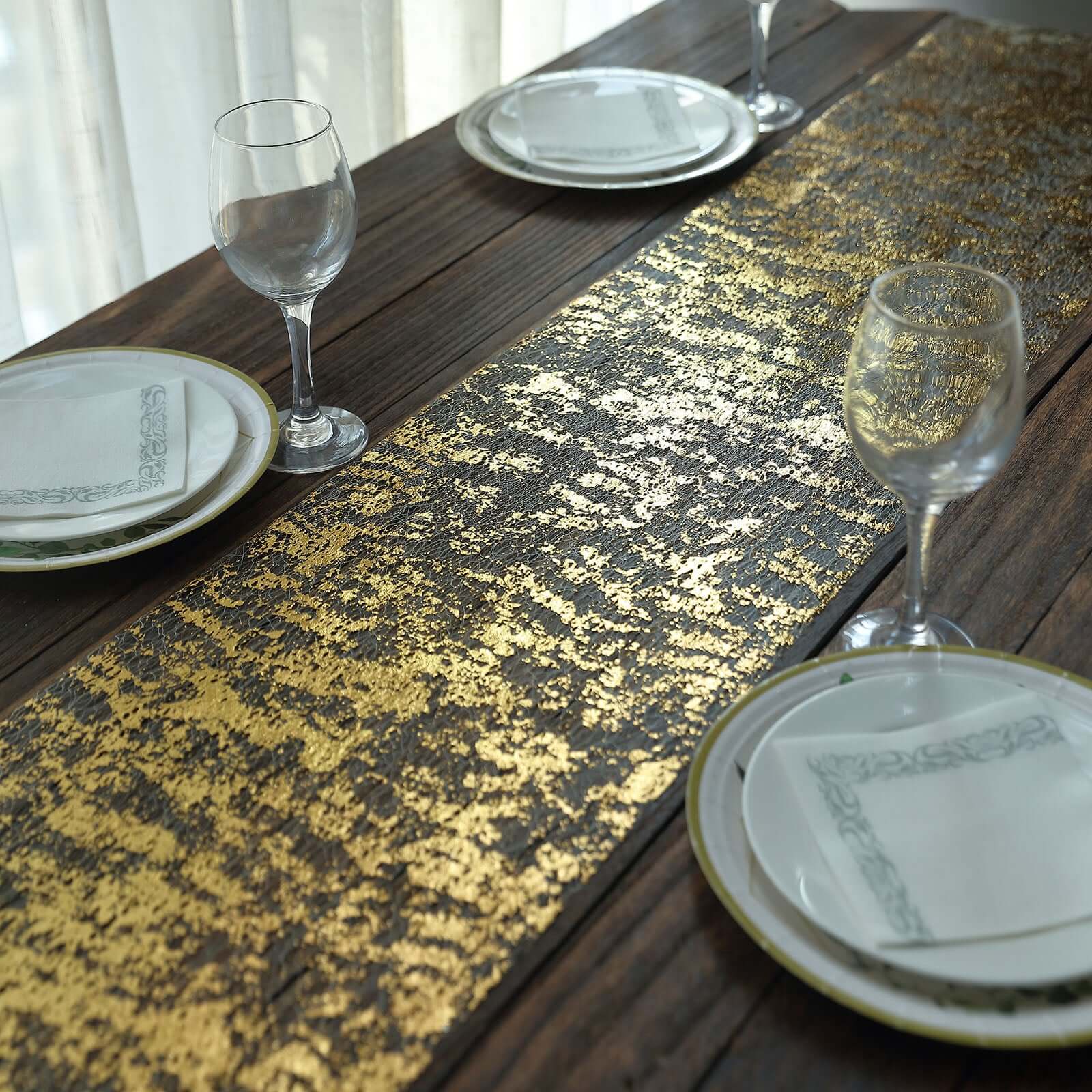 Mesh Polyester 108" Table Runner Roll Metallic Gold Distressed Foil Printing Design - Disposable Stylish Party Table Decor