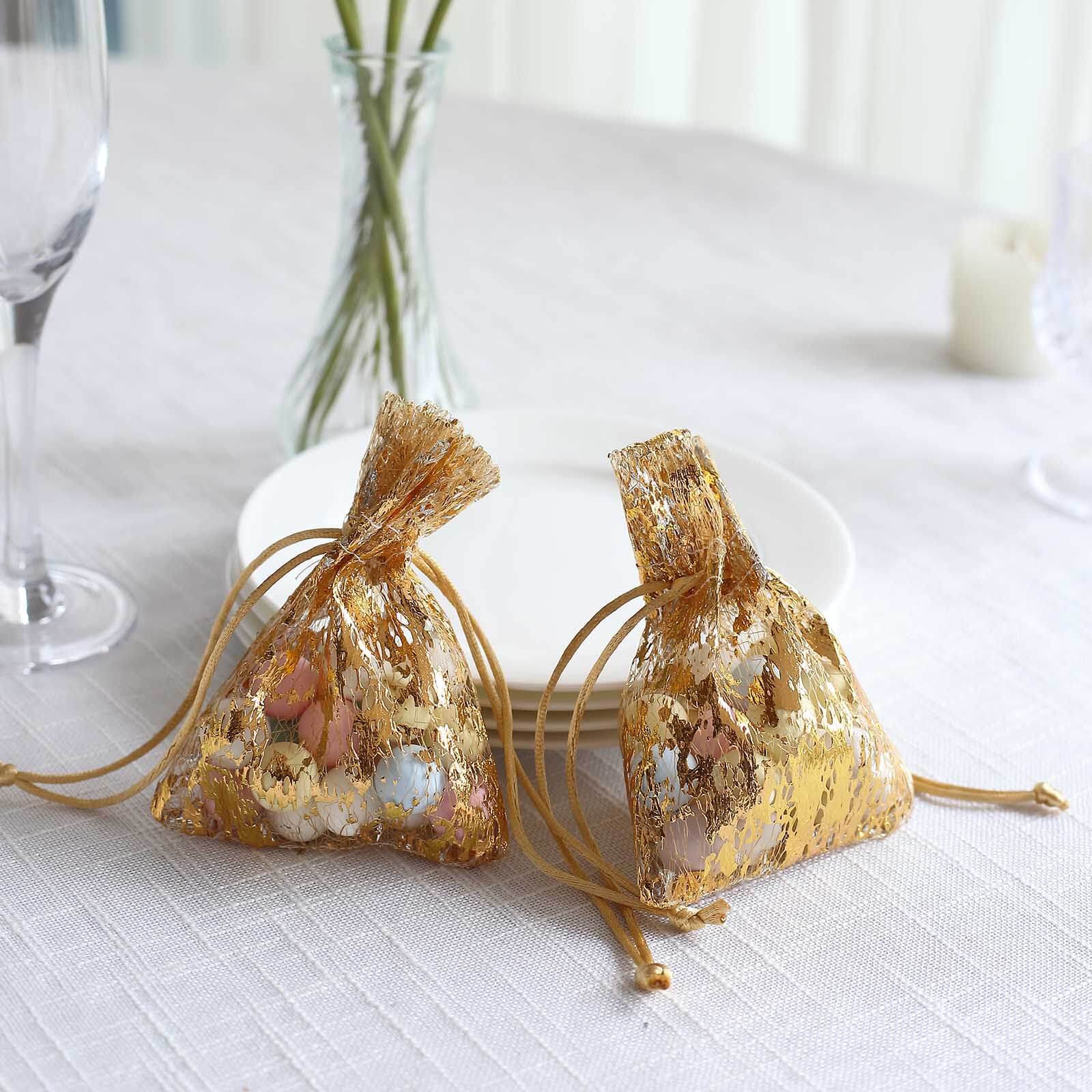 12 Pack Metallic Gold Foil Polyester Drawstring Candy Bags, Wedding Party Favor Bags - 4"x5"