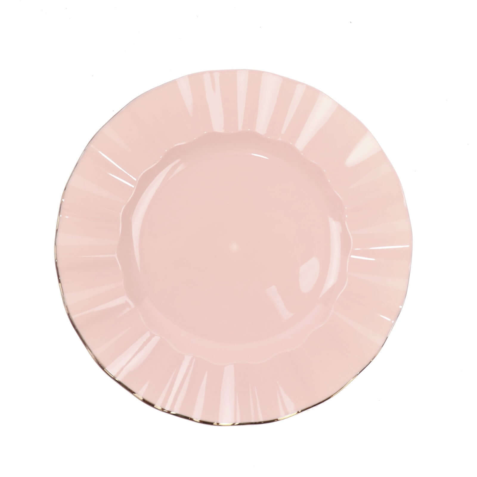 10-Pack Plastic 9" Round Dinner Plates in Blush Ruffled Rim with Gold Edging - Sturdy Disposable Dinnerware