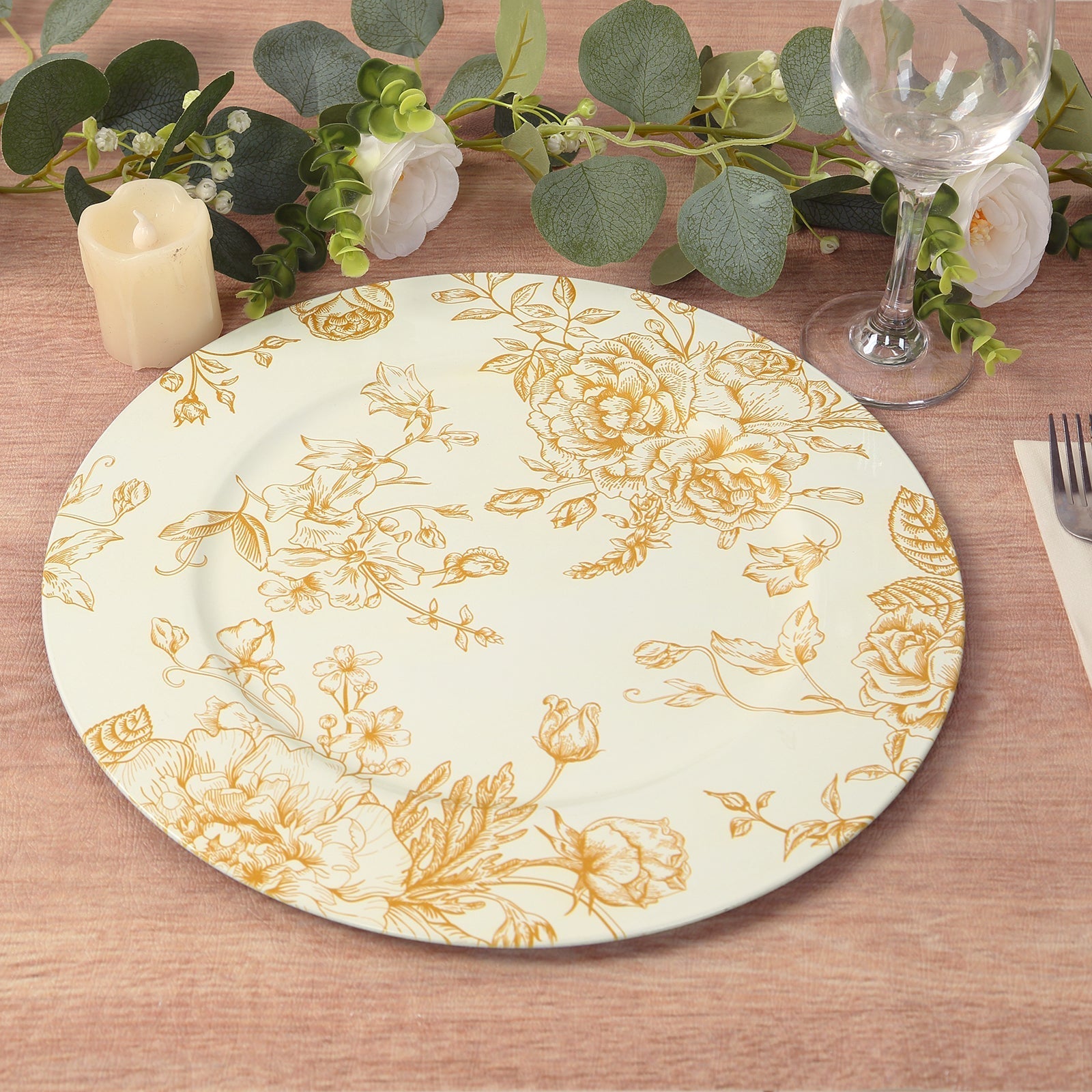 6-Pack Acrylic Round Charger Plates 13" in White with Gold Floral French Toile Pattern, Decorative Dinner Party Charger Tableware