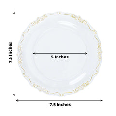 10-Pack Plastic 7" Round Dessert Plates in Clear with Gold Vintage Embossed Rim - Sturdy Disposable Scalloped Edge Salad Plates for Sophisticated Events & Celebrations