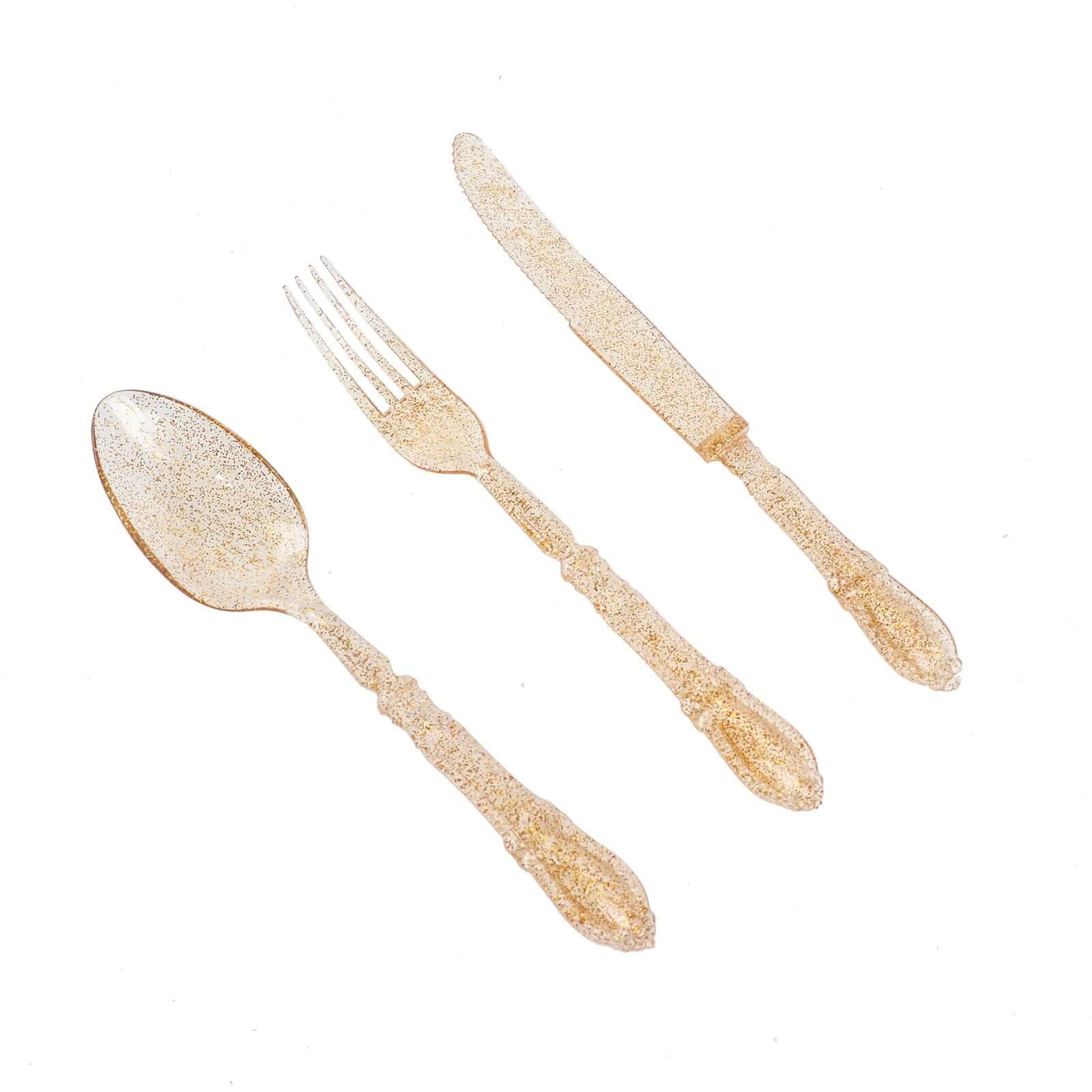 24-Pack Plastic Utensil Set Clear with Gold Glitter - Heavy Duty Disposable Silverware for Events
