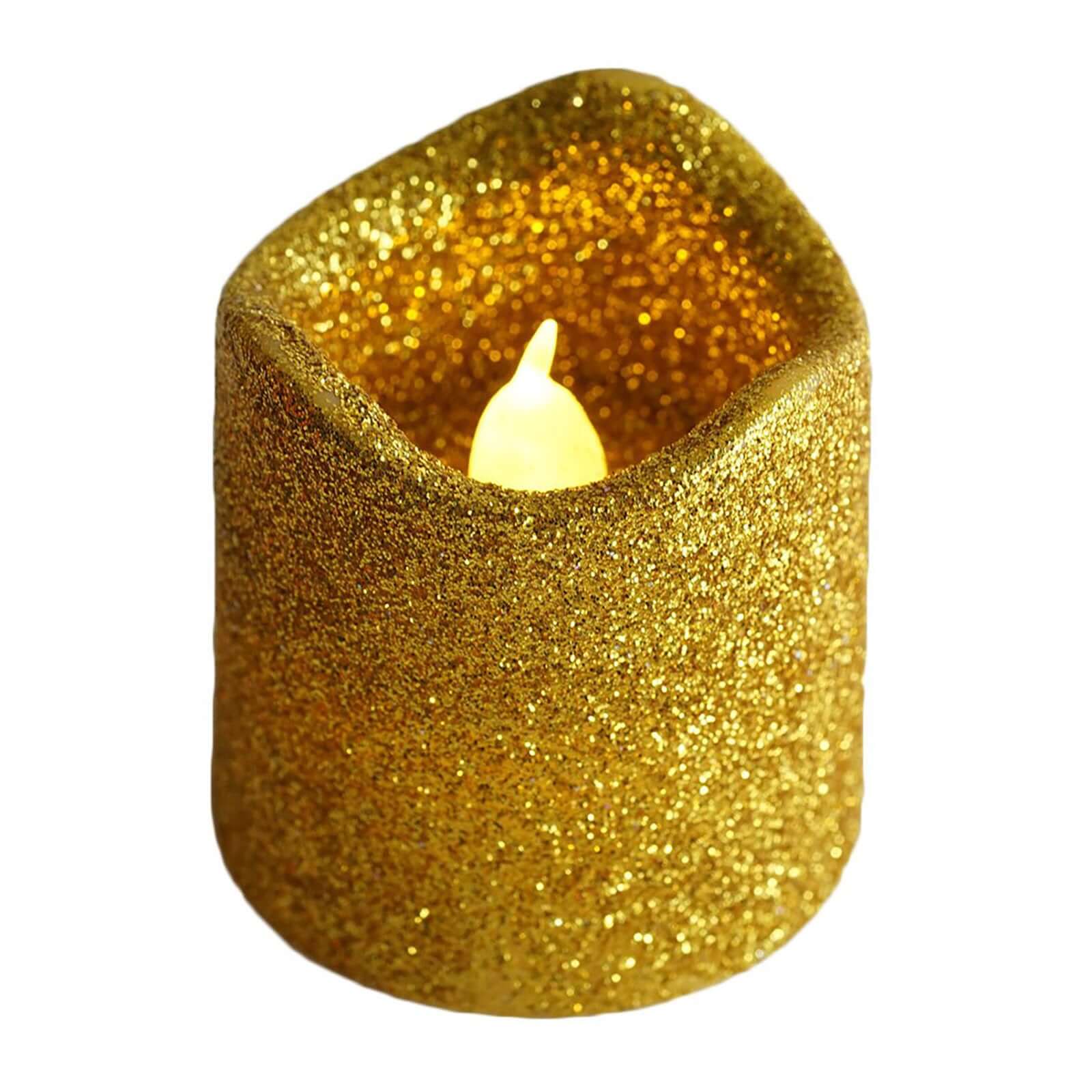 12-Pack LED Votive Candles Glittered Gold Design - Reusable Flameless Battery Operated Lights