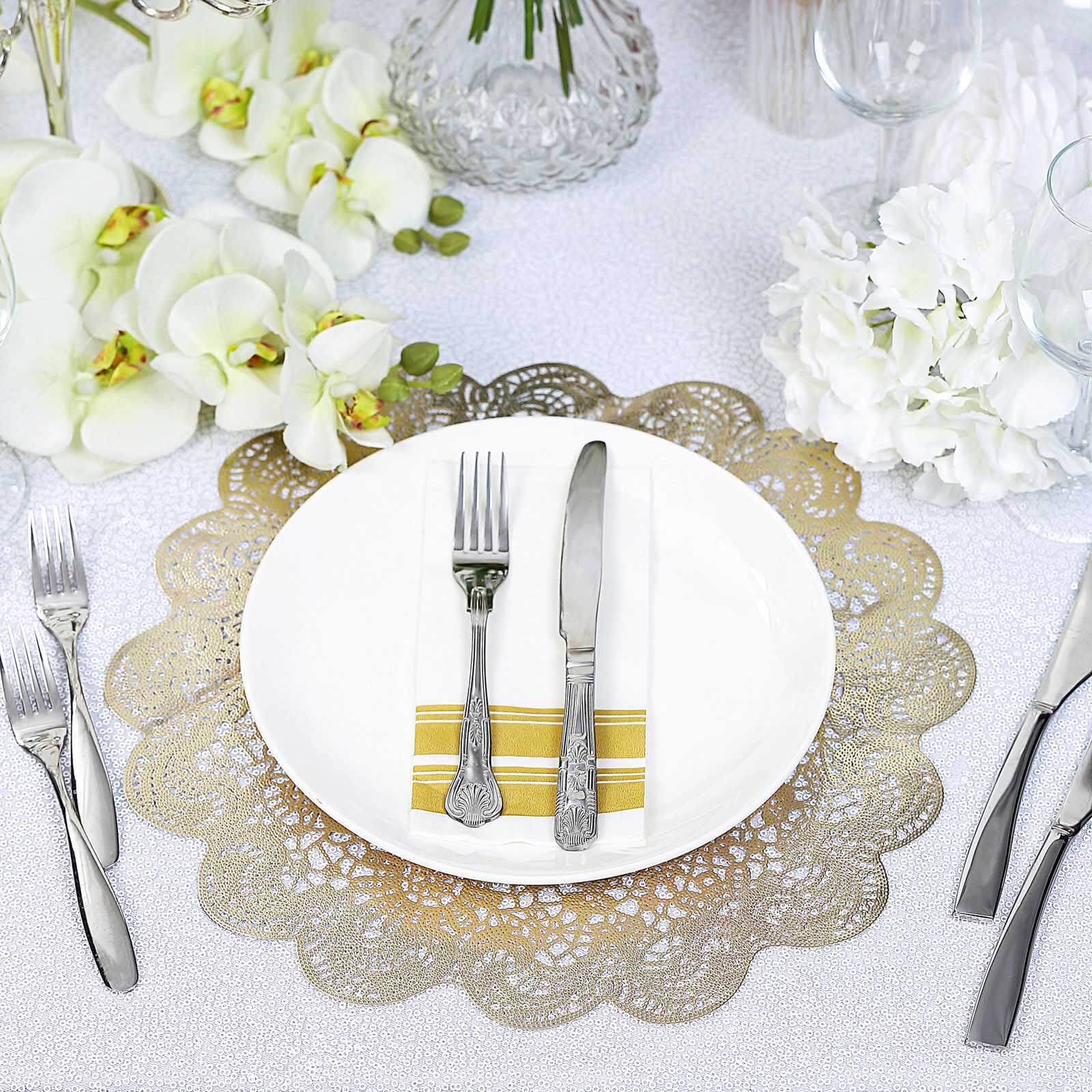 6-Pack Dining Table Mats Floral Lace Design Gold - Vinyl Non-Slip Surface with Vintage Appeal 15"