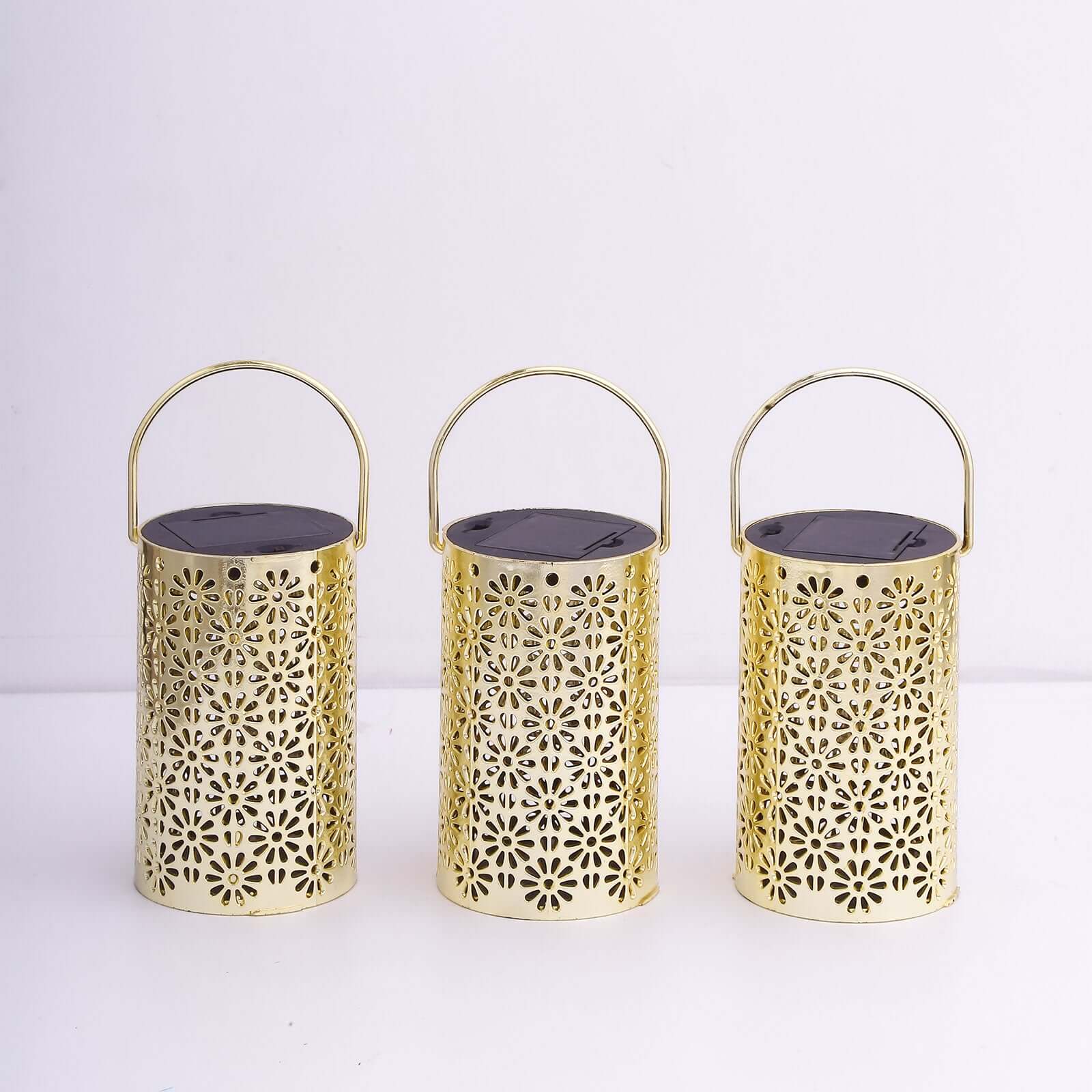 3-Pack LED Decorative Hanging Lanterns Flower Design Gold - Battery Operated Lights 3"x5"