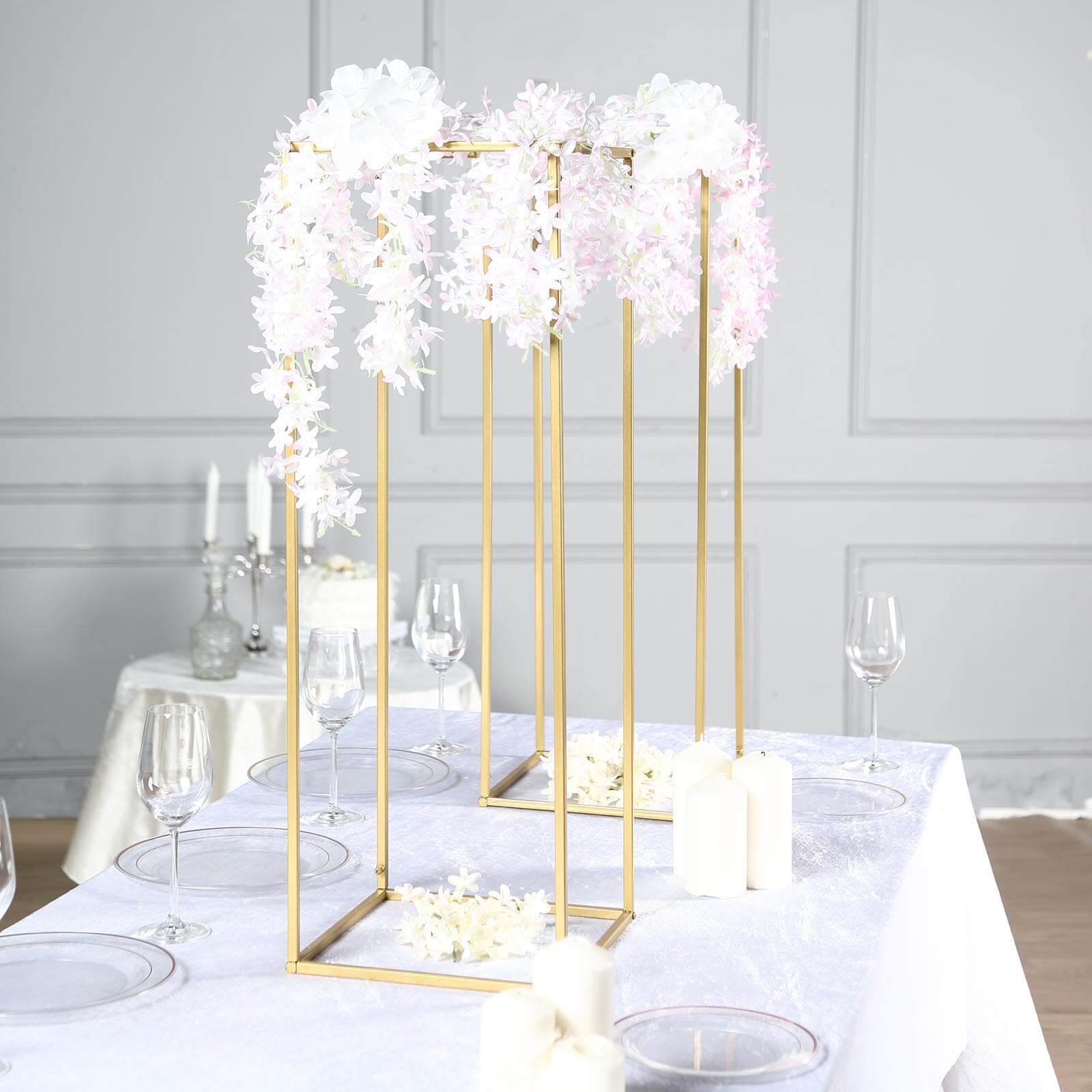 2-Pack Wedding Flower Stand Gold Metal Geometric Column Frame Rectangular - Versatile Floral Pedestal for Sophisticated Arrangements 32"