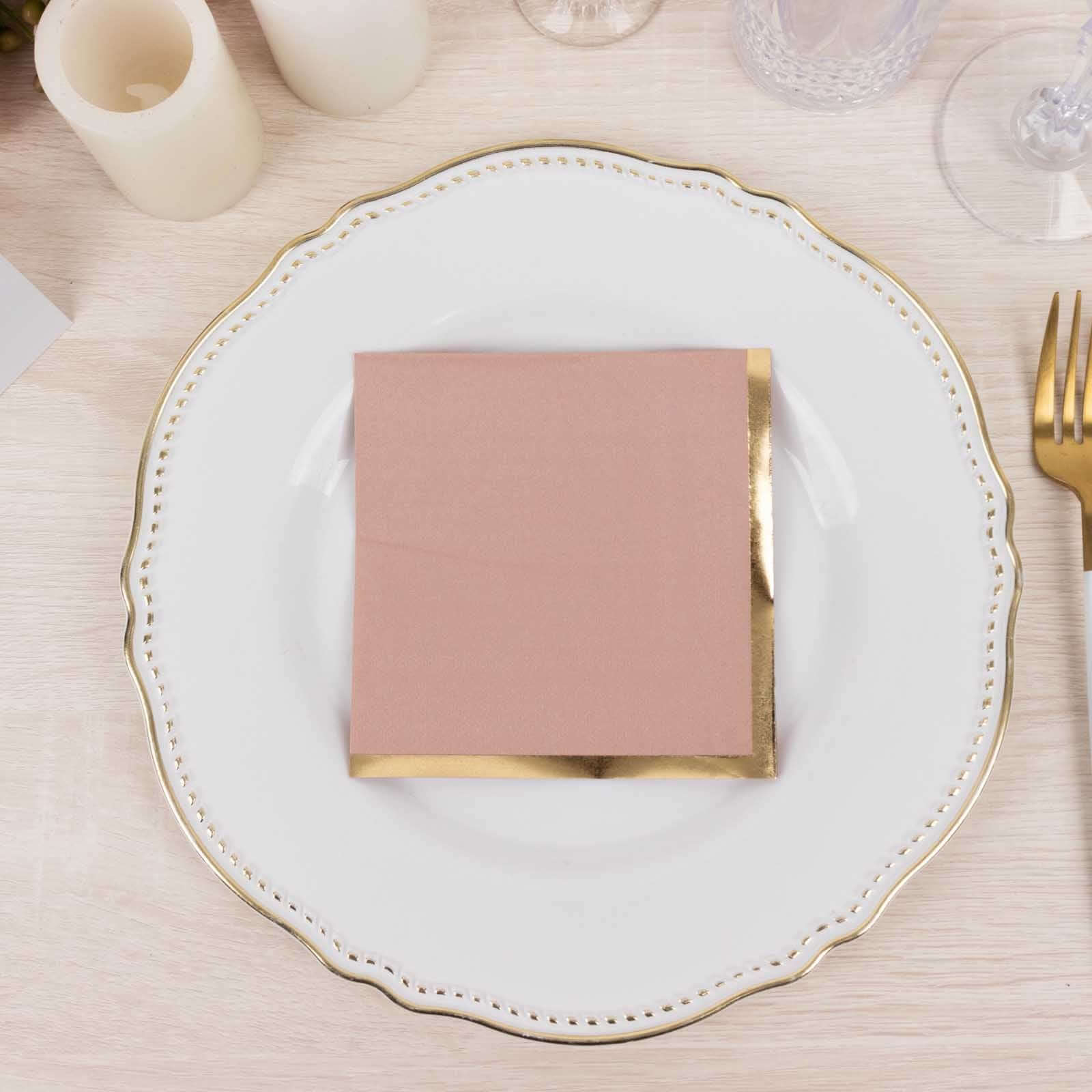 50-Pack Paper Beverage Napkins Dusty Rose with Gold Foil Edge - 2 Ply Disposable Soft 18GSM Cocktail Napkins 5"x5"