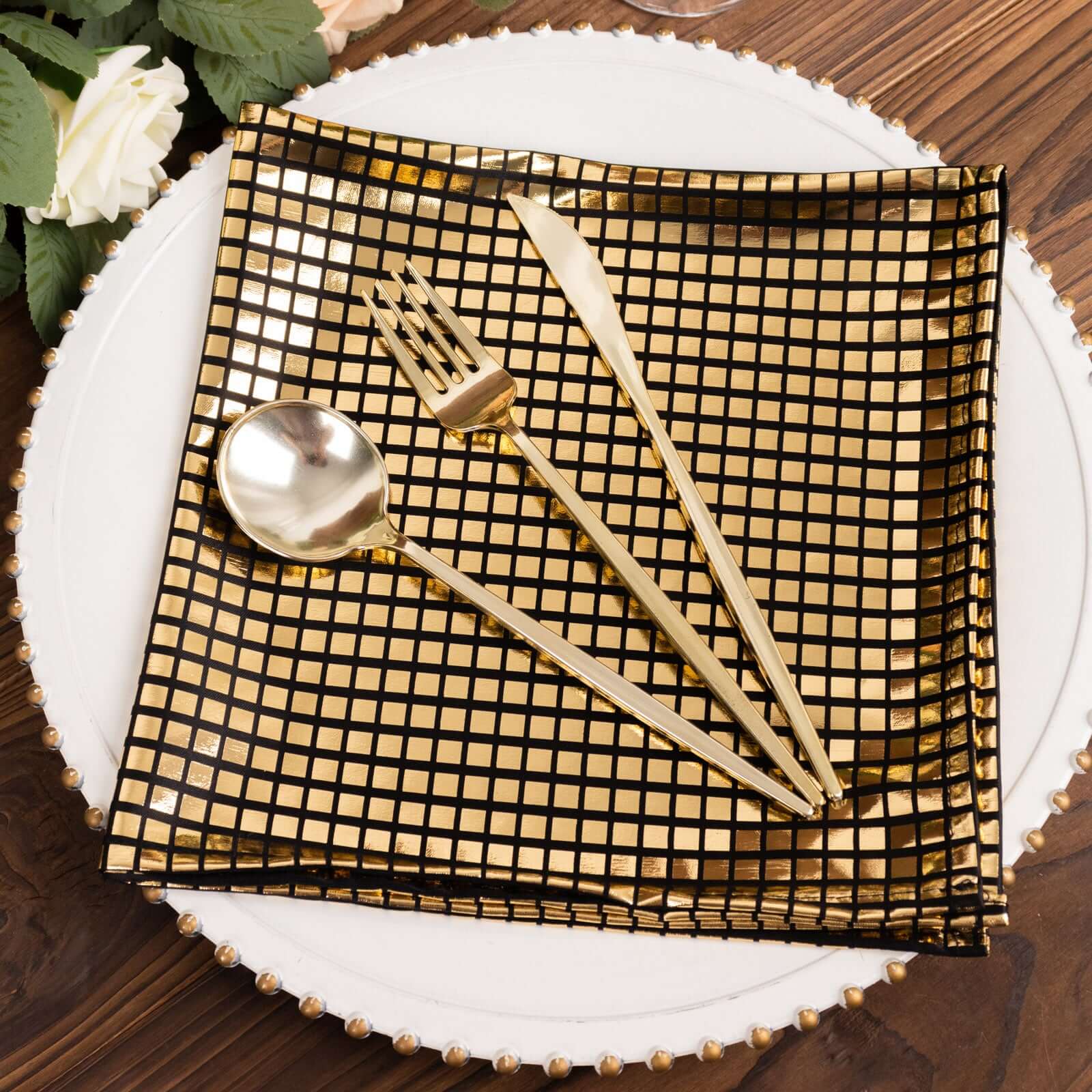 5 Pack Polyester 20"x20" Napkins Black with Refelective Gold Foil for Luxe Events & Retro Themes
