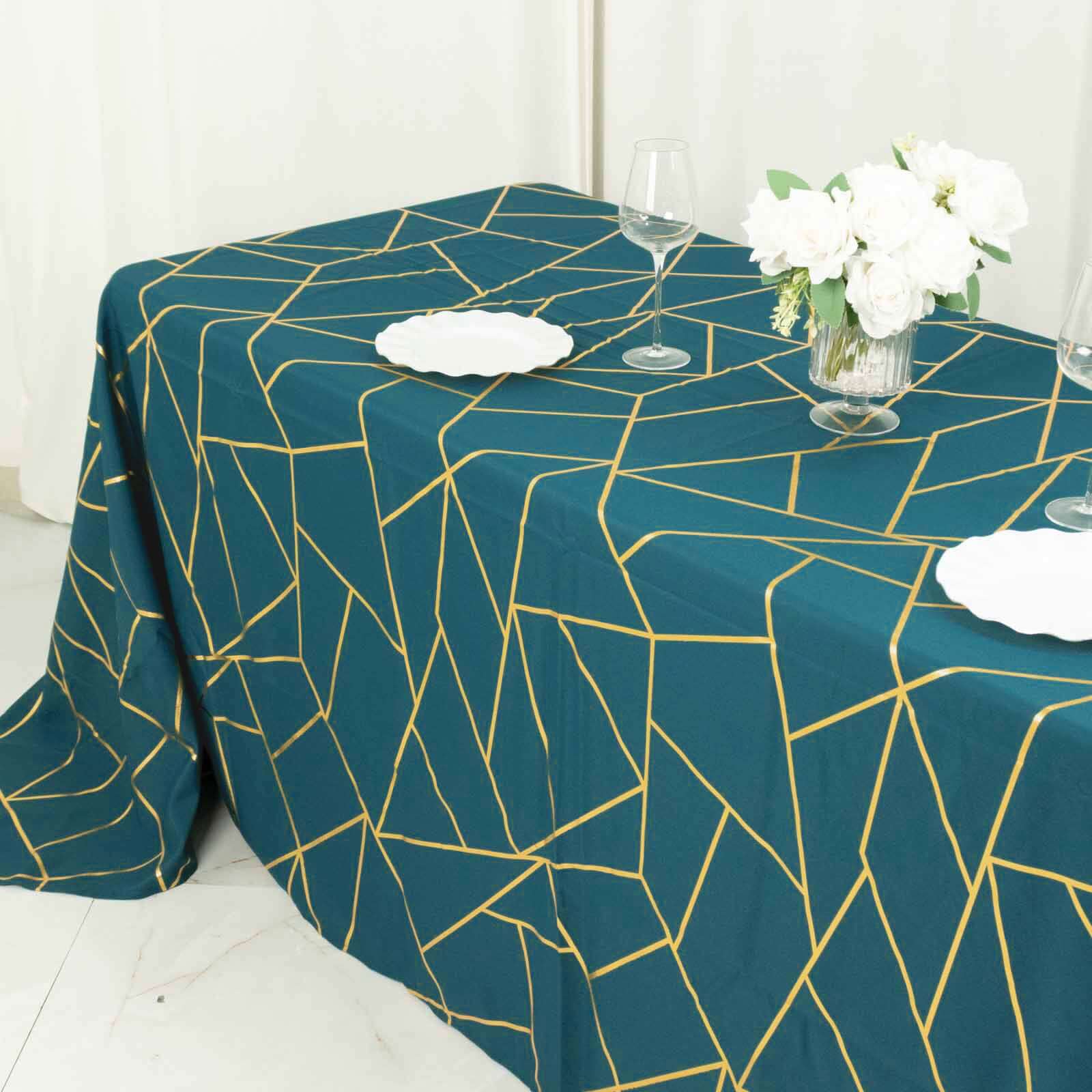 90"x132" Peacock Teal Seamless Rectangle Polyester Tablecloth With Gold Foil Geometric Pattern for 6 Foot Table With Floor-Length Drop
